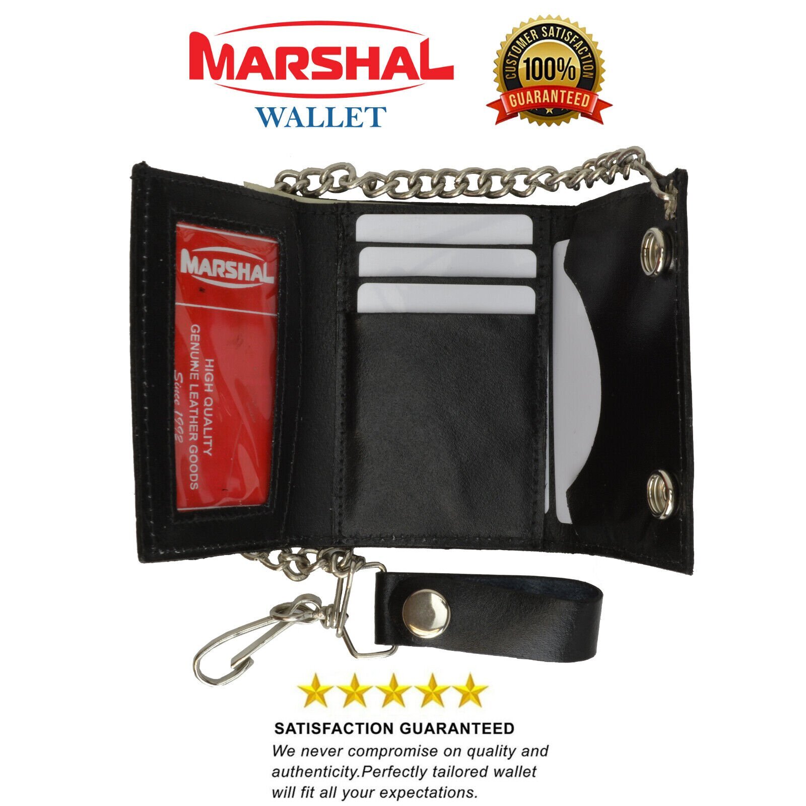 Marshal Genuine Leather Men’s Trifold Wallet with Chain Biker Trucker Black