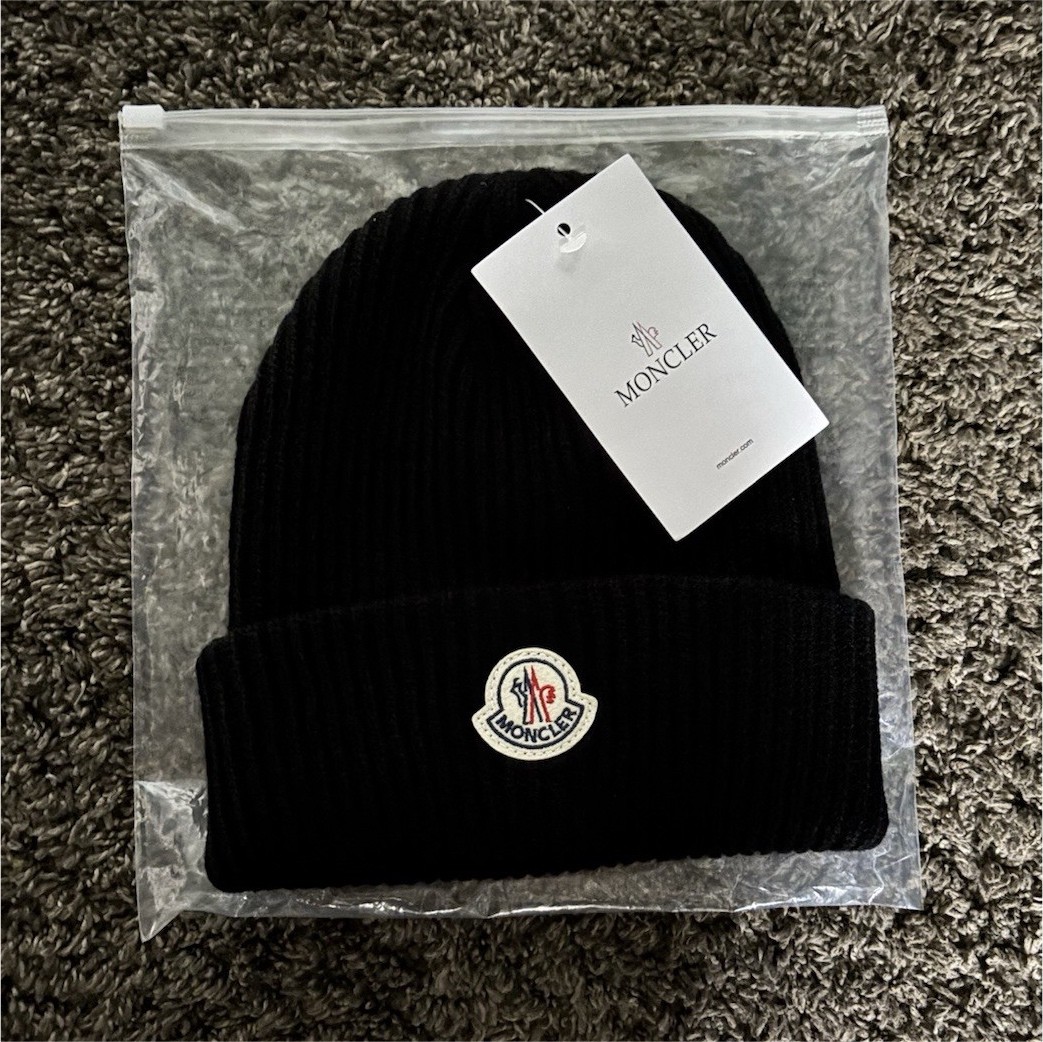Moncler Men’s Black Solid Beanie Hat One Size with Logo Patch