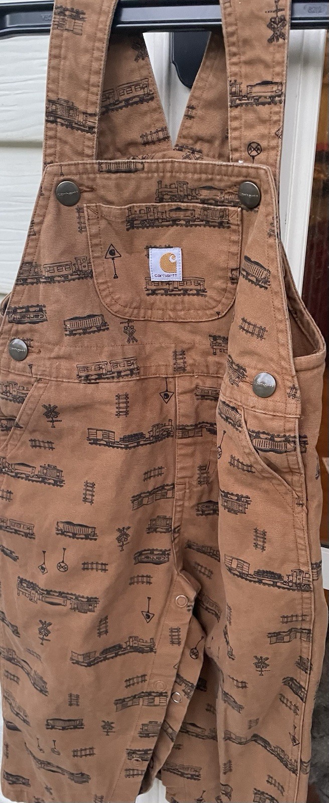 Carhartt Baby Boy Overalls, Brown With Boxcar trains. Size 24 Months