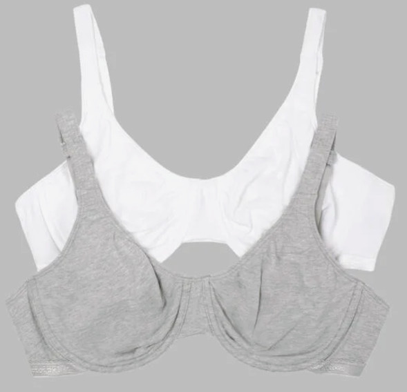Fruit of the Loom Womens Cotton Stretch Extreme Comfort Bra_2 PK_38D_WHITE_GRAY