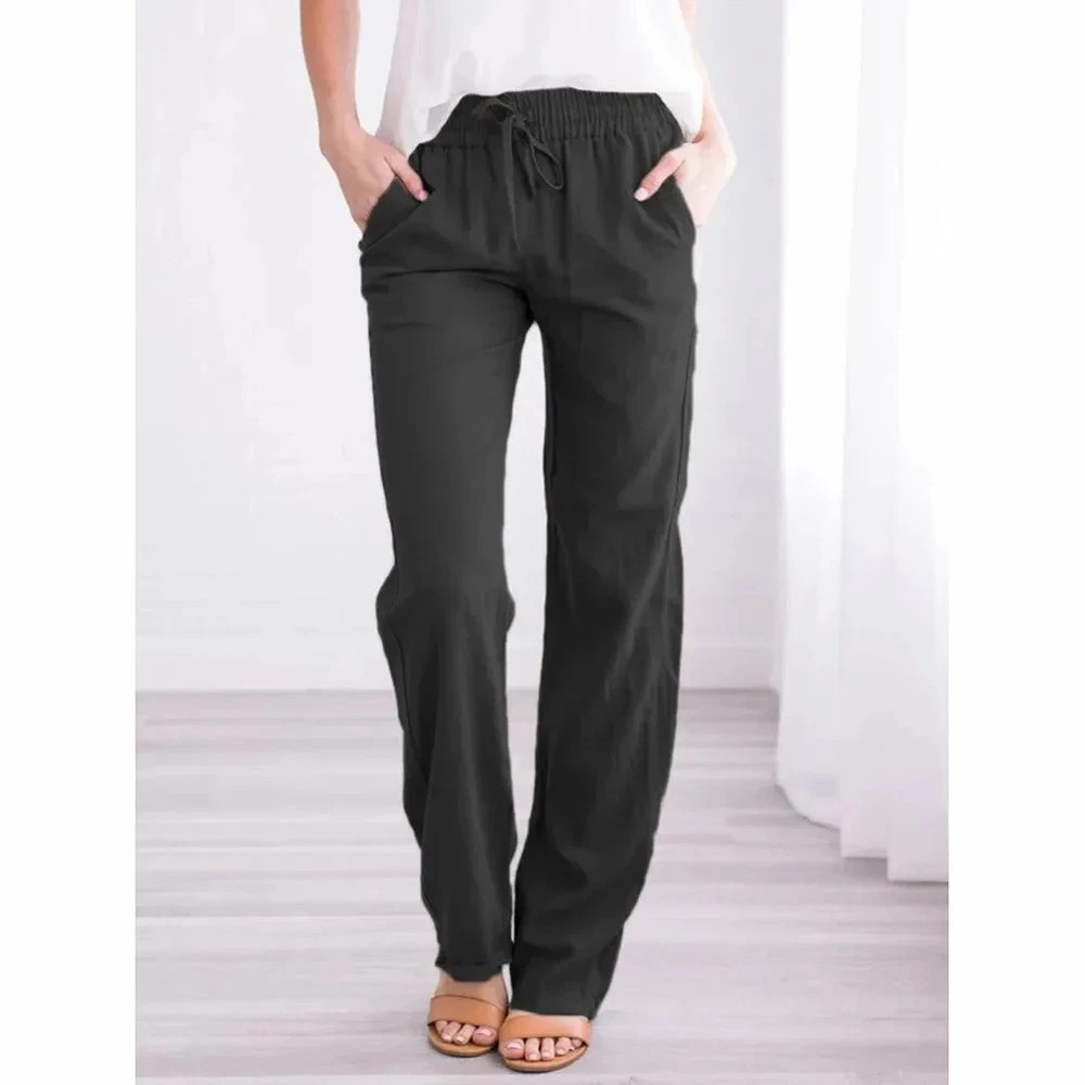 Women Cotton Linen Drawstring Pants Elastic Waist Loose Straight Leg Trousers