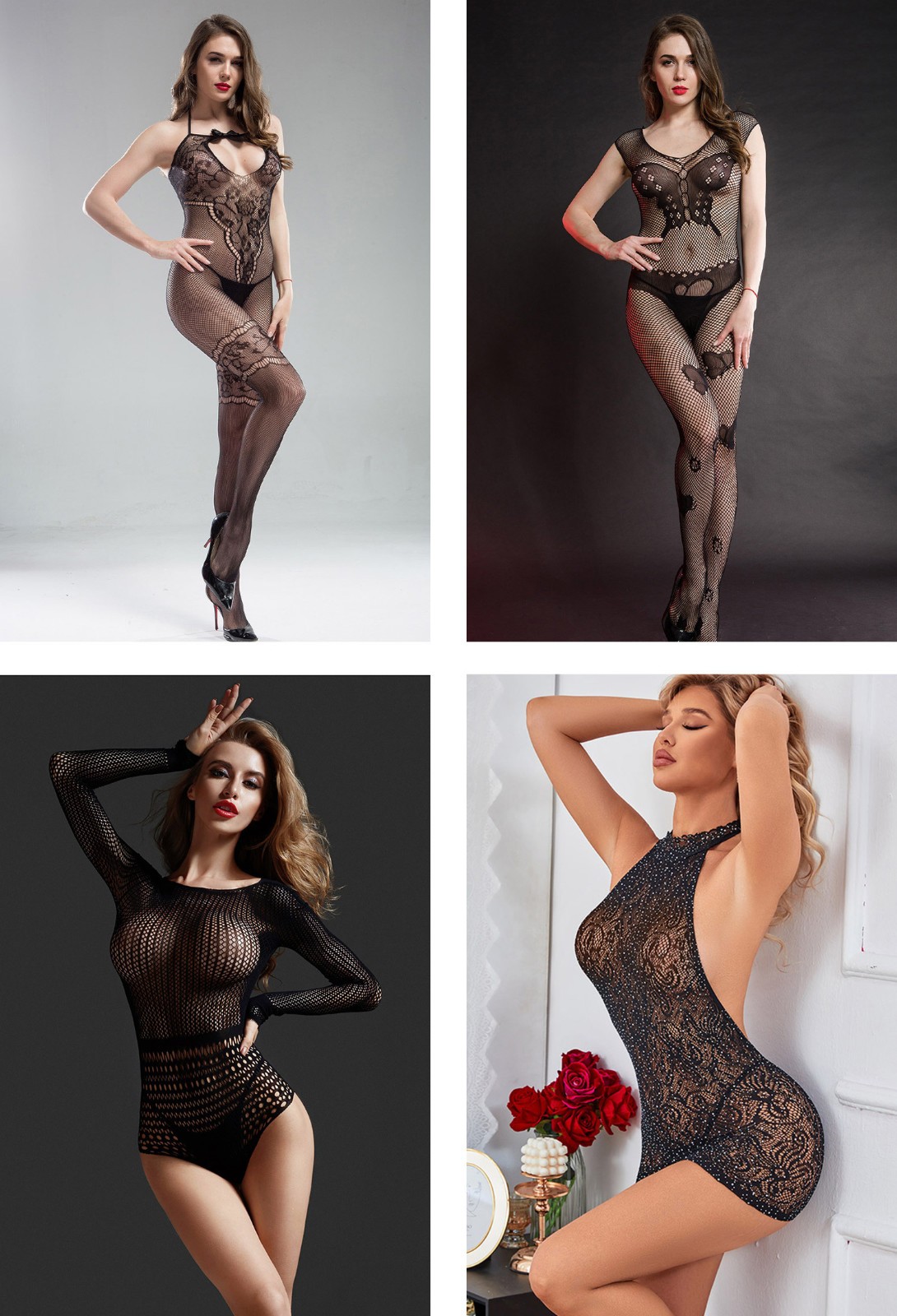4-Pack Bodystocking Lingerie Sexy Sheer Mesh Bodysuit Bodycon Sparkly Stretchy