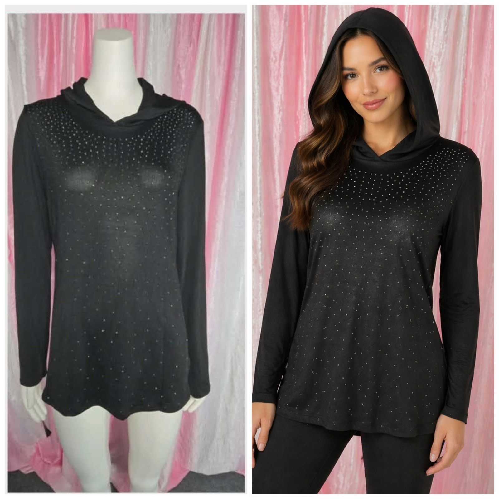 Vocal Black All Over Rhinestone Silky Stretch Hoodie