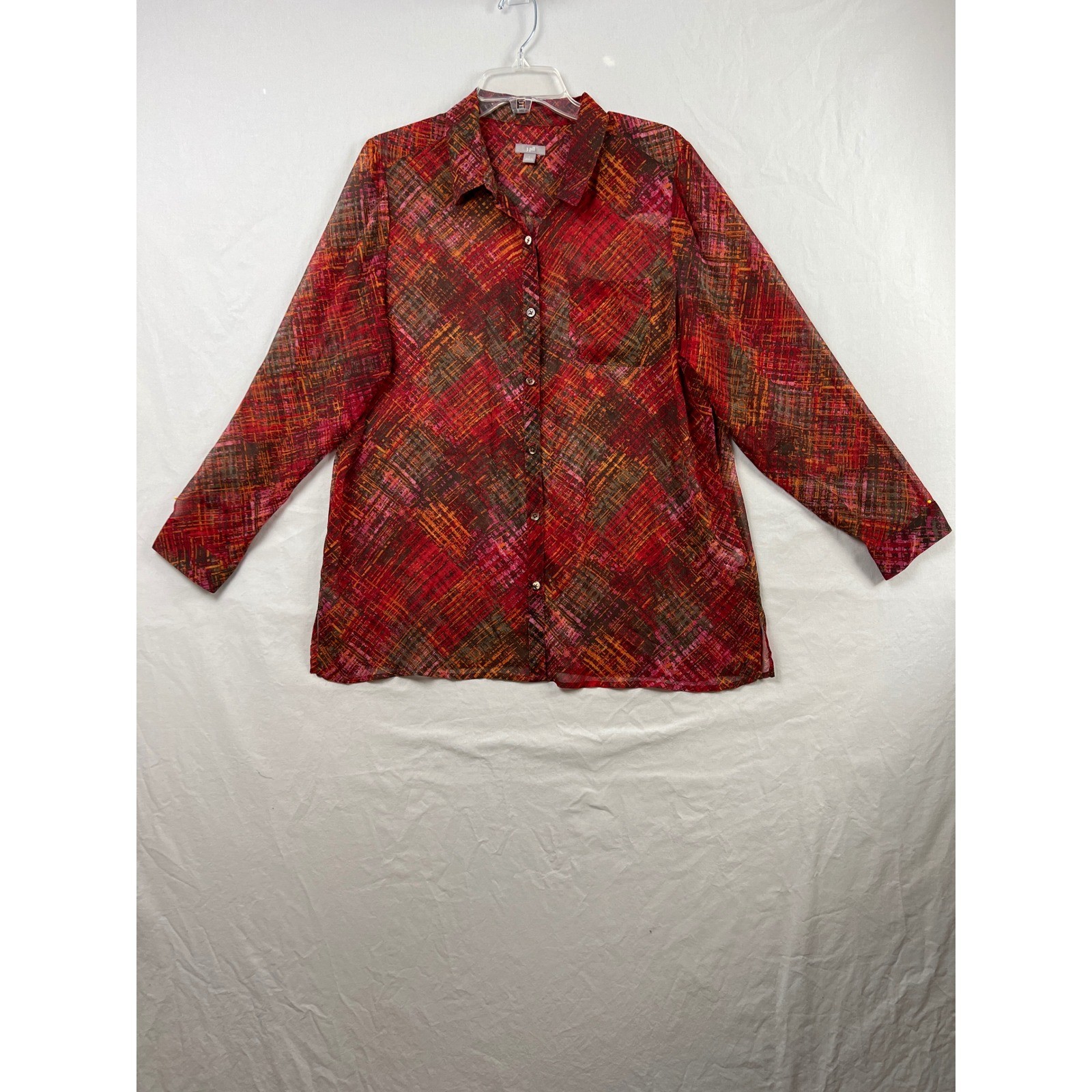 J. Jill Button Front Shirt Womens L Red Abstract Crosshatch Long Sleeve Blouse
