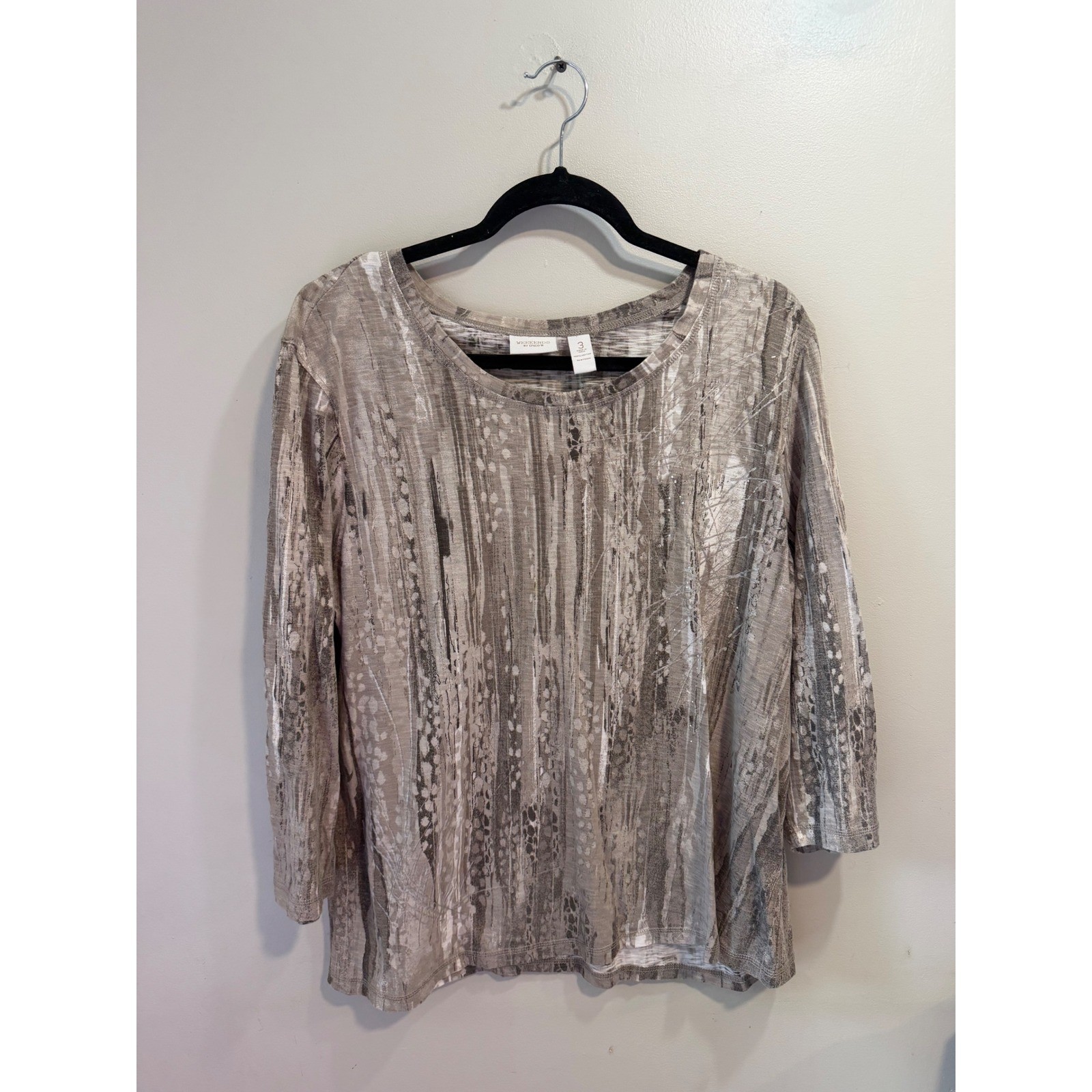 Weekends by Chicos Womens Grey Abstract Print 100% Cotton 3/4 Sleeve Top Size 3