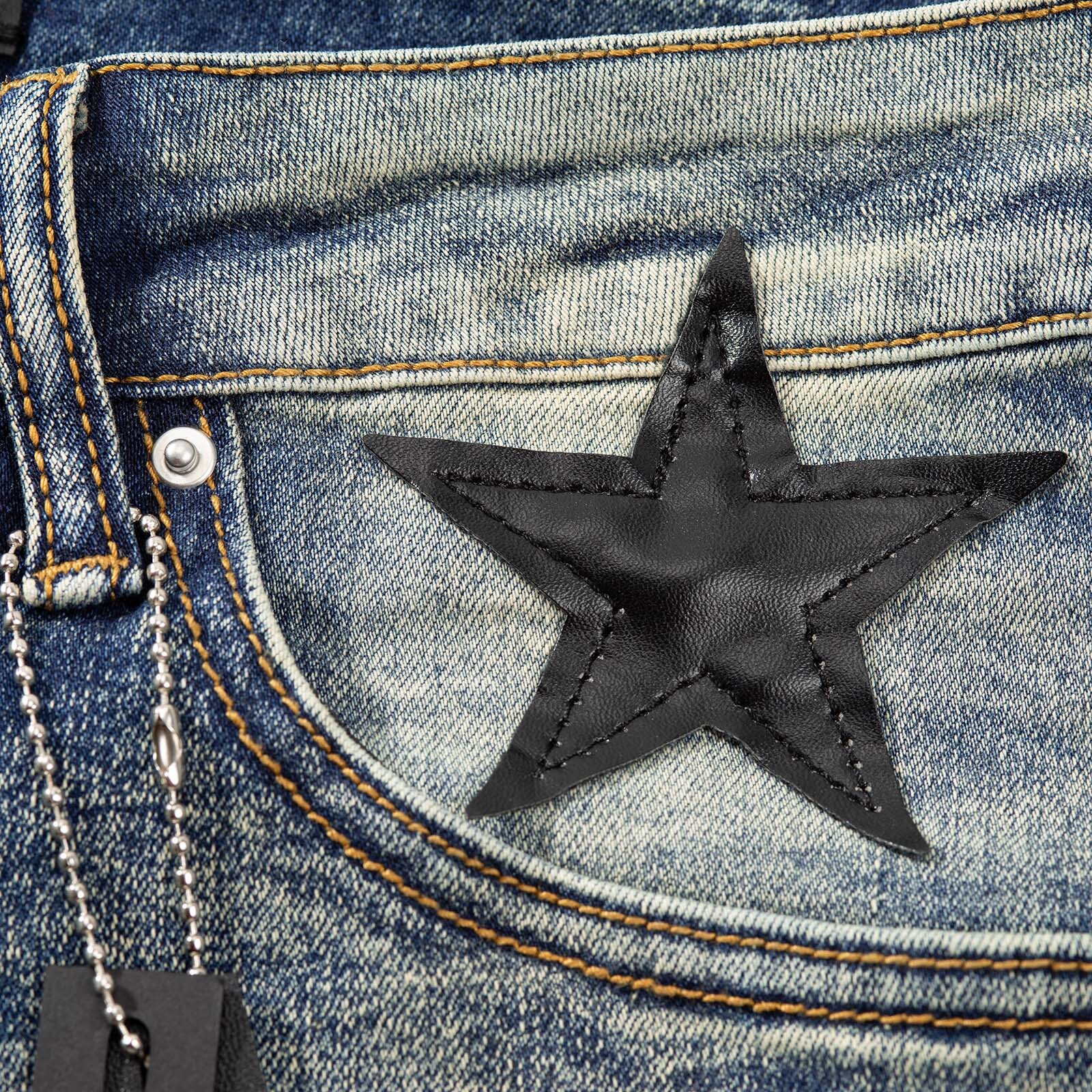 Men’s Ripped STAR PU Patchwork Grunge Skinny fit stretch Denim Washed jeans
