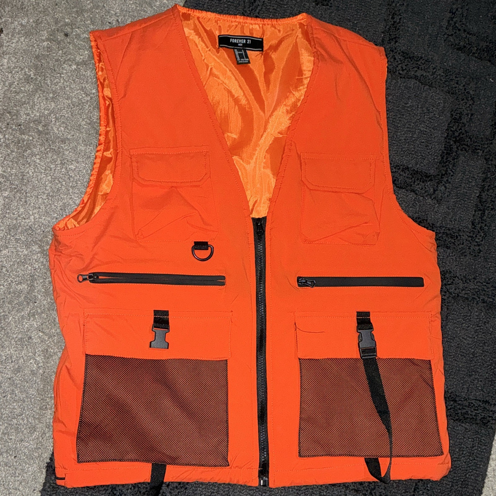 Forever 21 Men’s Orange Utility Vest Full Zip Pockets V-Neck Size L