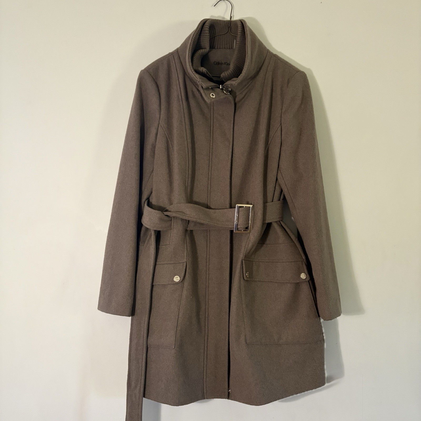 Calvin Klein Women’s Brown Wool Blend Belted Mid-Length Coat Lined Collar M