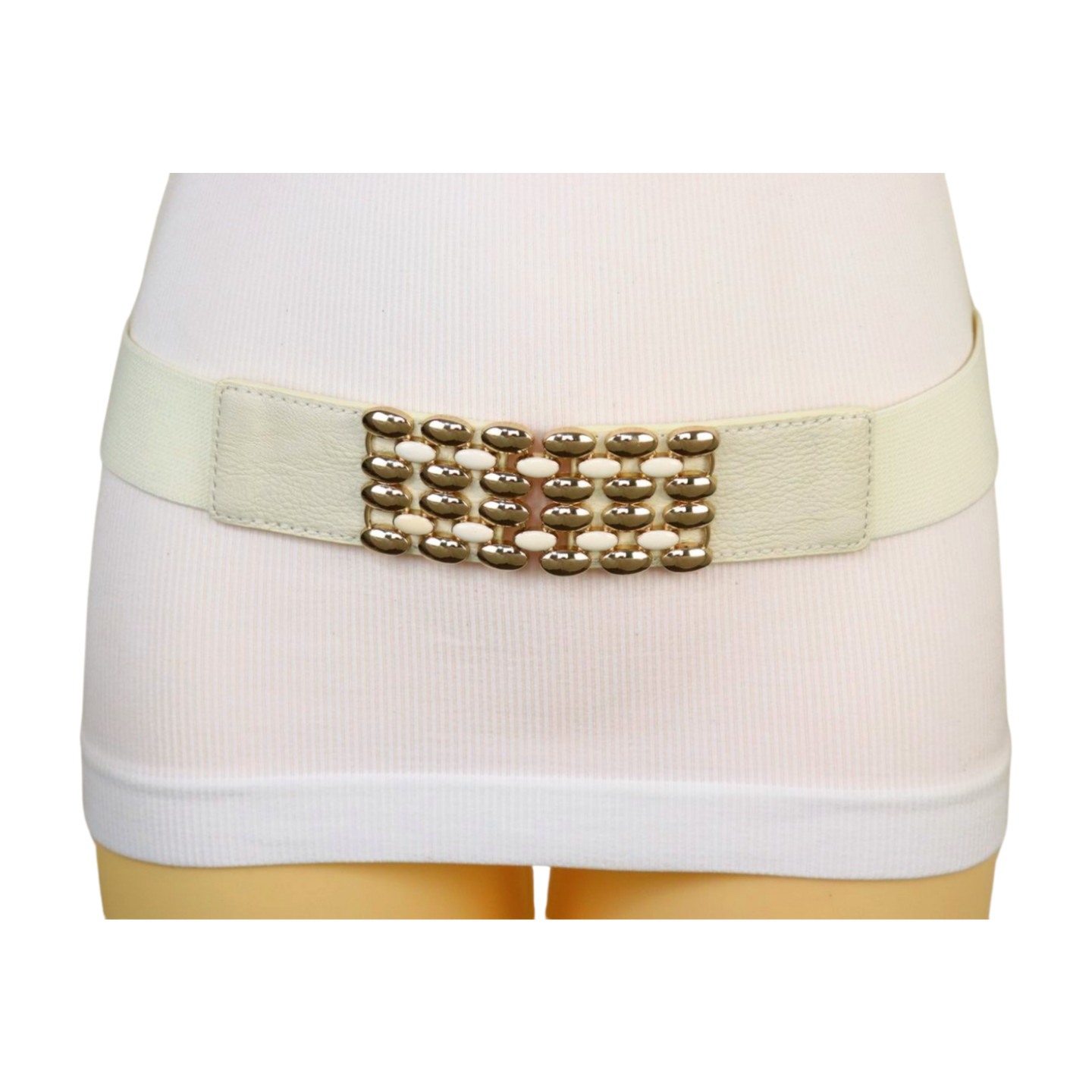 Women Cream Elastic Waistband Fabric Fashion Belt Gold Oval Dots Buckle Size S M