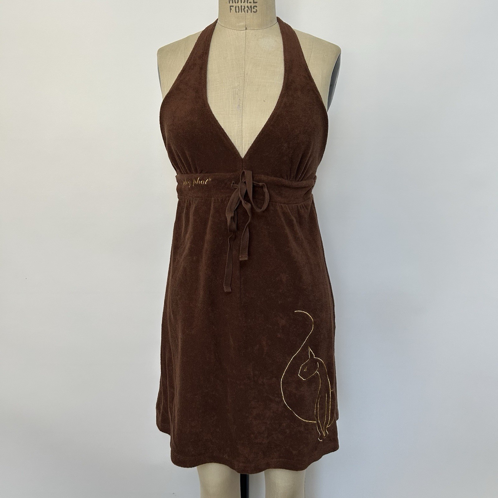 Baby Phat Brown terry cloth halter dress with gold cat outline