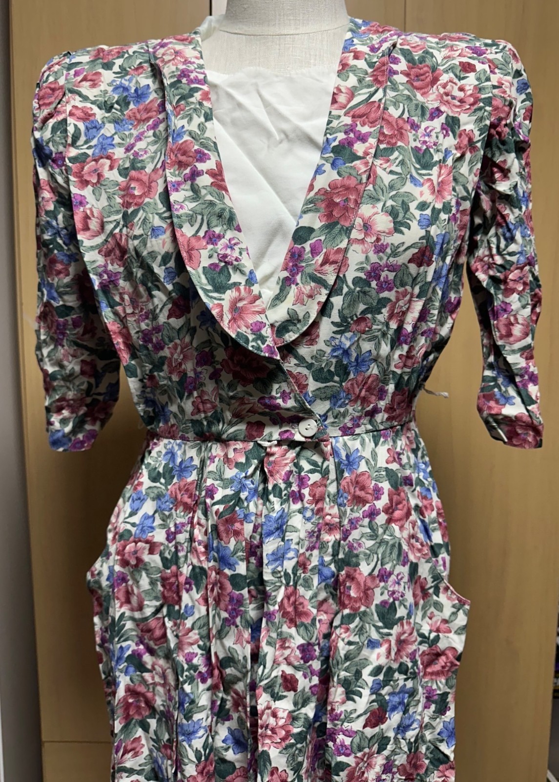 Vintage RJ Stevens Floral Midi Dress Bib Pockets 80s 90s Cottagecore Small