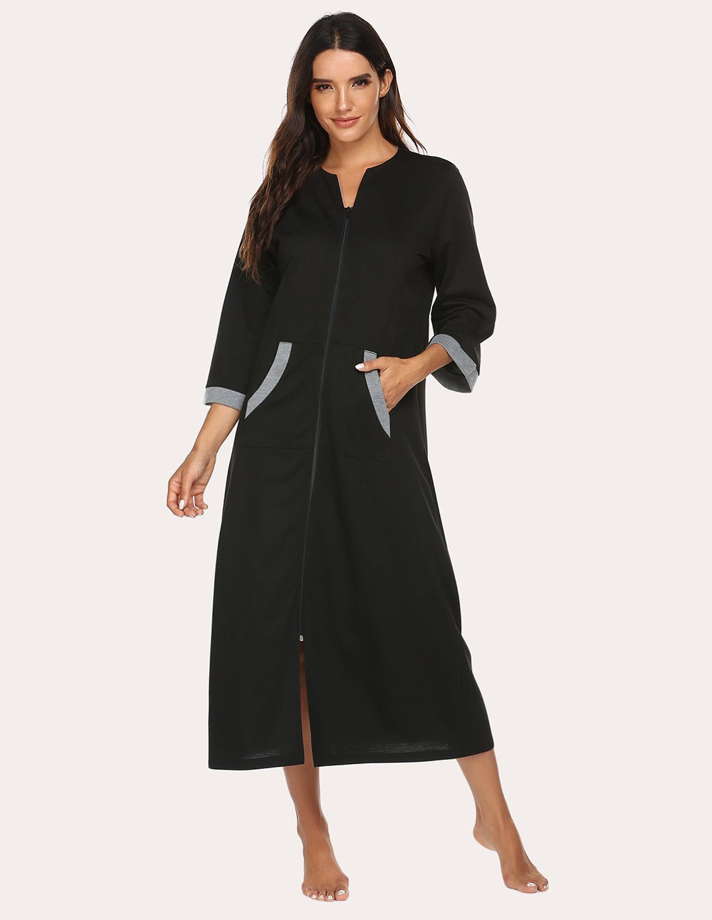 Women’s EKOUAER 3/4 Sleeve Long Robe Nightgown / Black and Gray / Size Large