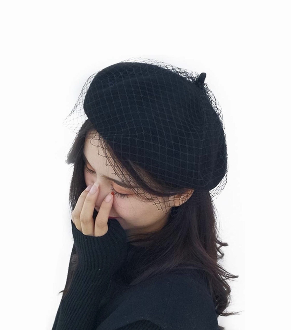 Ladies Wool French Beret Solid Black Beanie Cap Hat with Netting Veil