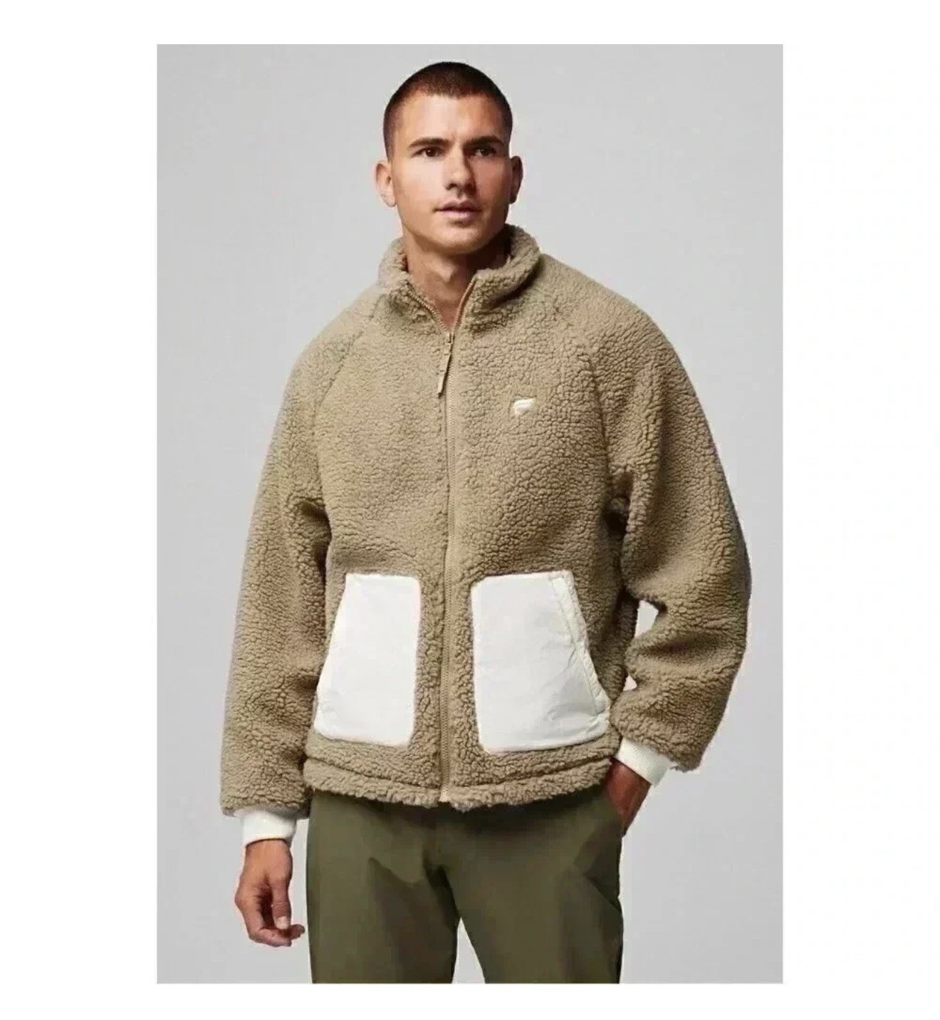 Fabletics Apres Men’s Zip-Up Sherpa Jacket in Taupe with Contrast Pockets size L