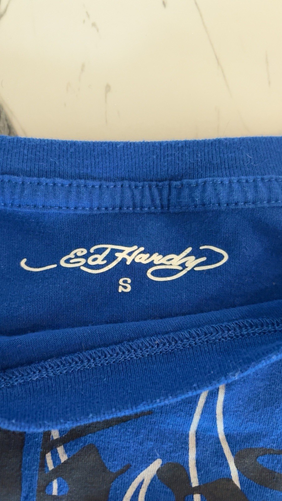 Ed Hardy Men’s Blue/White Graphic Logo Crew Neck Long Sleeve T-Shirt Size S