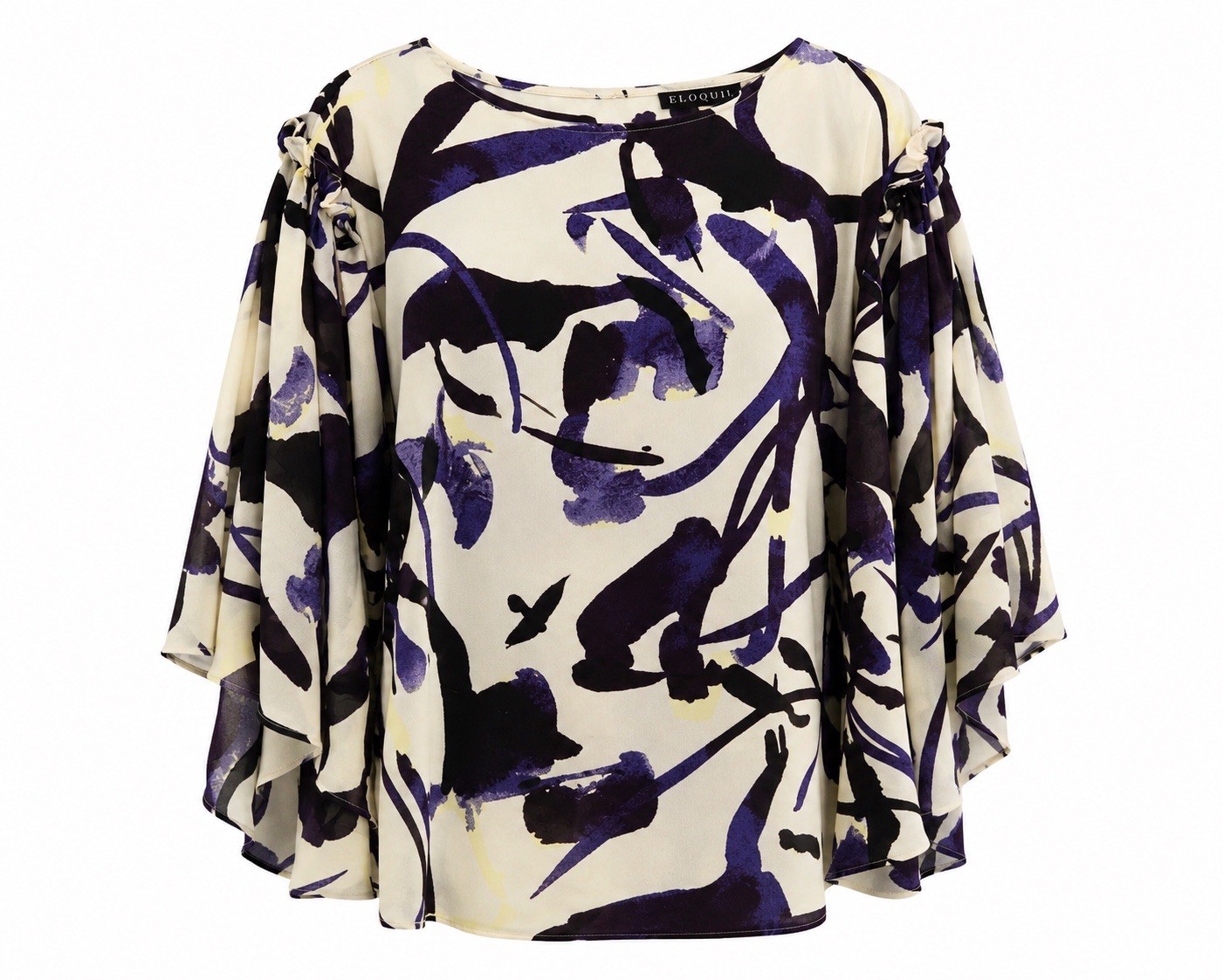 Eloquii Abstract Print Blouse Batwing Bell Sleeve Beige Purple Flowy Top Sz 22