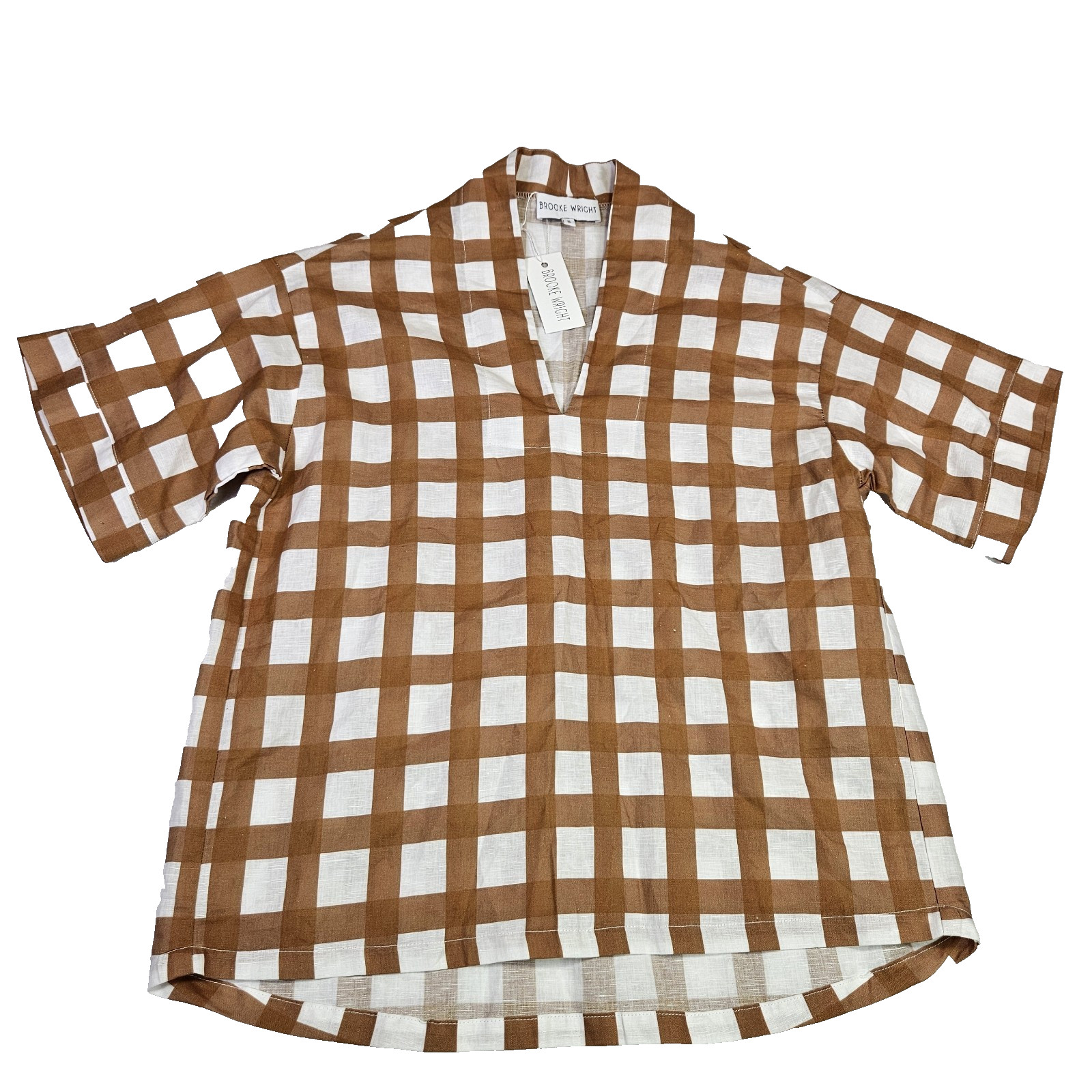 Brooke Wright Tuckernuck Linen Kimono Tunic OS Tan Check Cottagecore Top Blouse