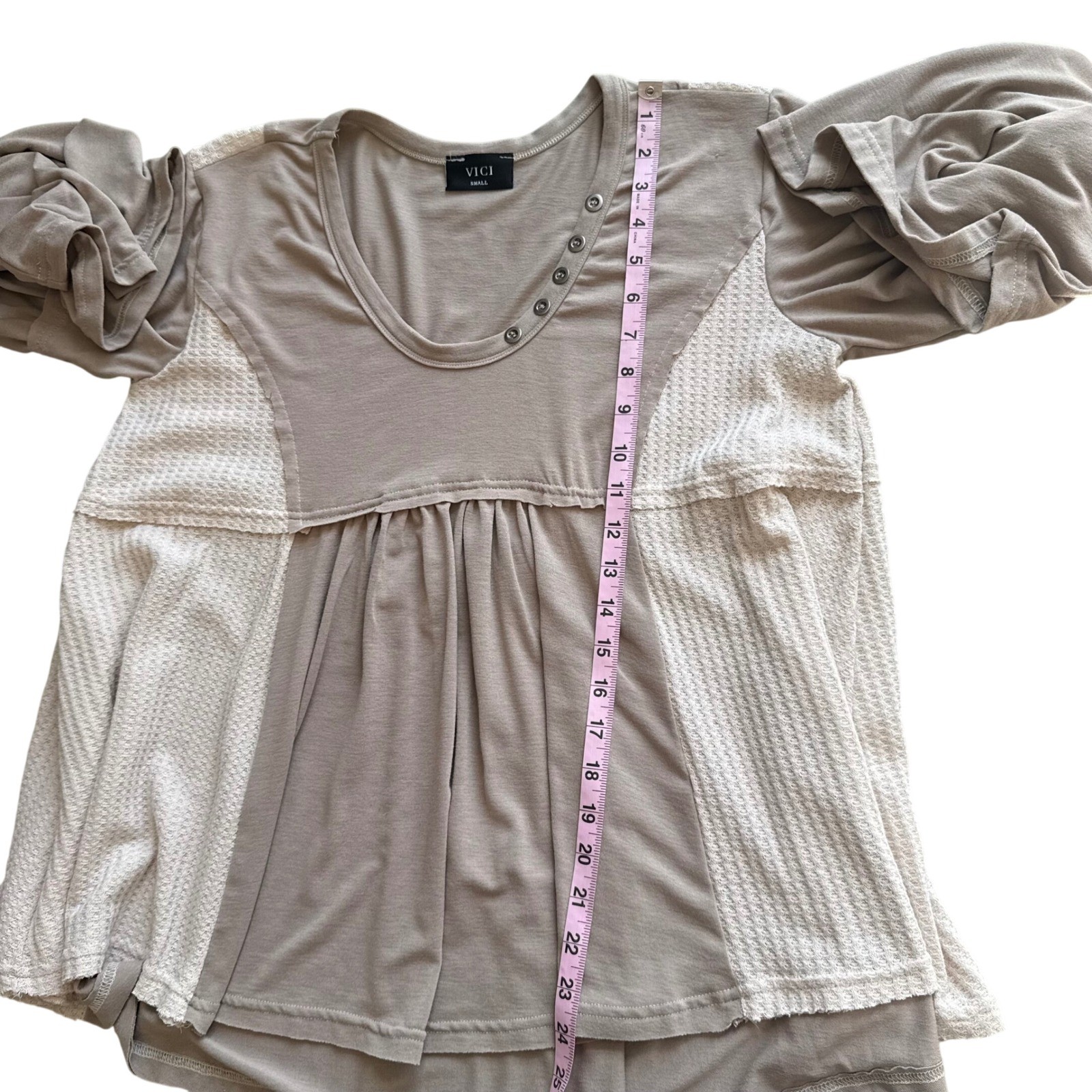 VICI Womens Small Taupe Waffle Knit Babydoll Bell Sleeve Top Boho Peasant Fairy
