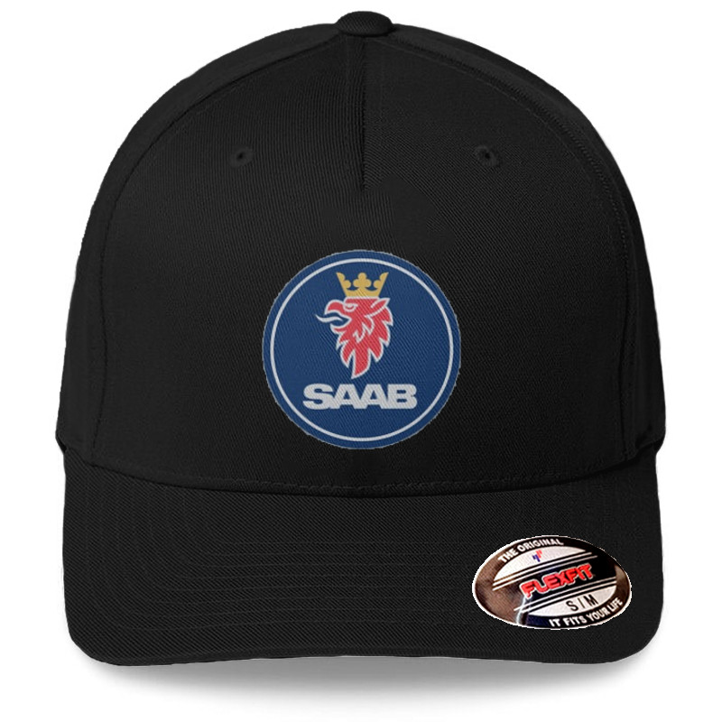 Saab Car Logo on Black Hat Flexfit Baseball Cap Printed Emblem S/M And L/XL