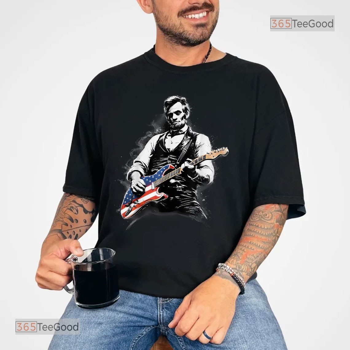 Abe Lincoln Playing Guitar T-Shirt, Funny President Musician Graphic Tee Shirt