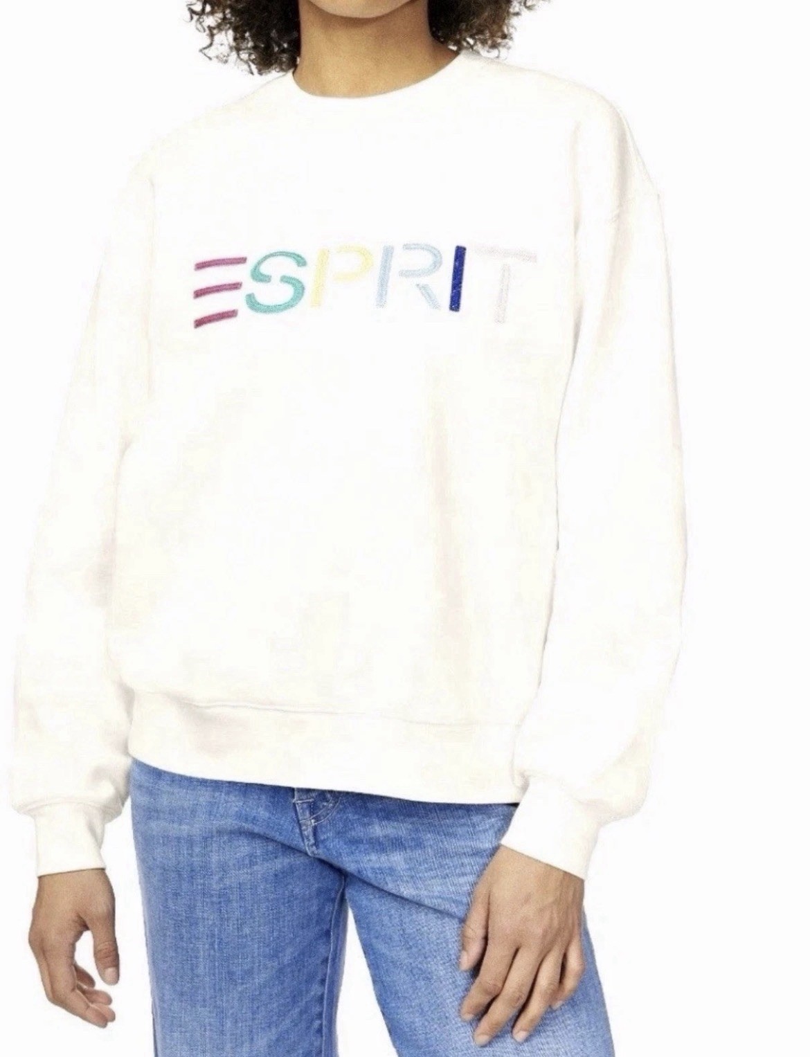 Esprit Womens Cream Crew Neck Embroidered Logo Soft Fleece Sweatshirt 80’s Small