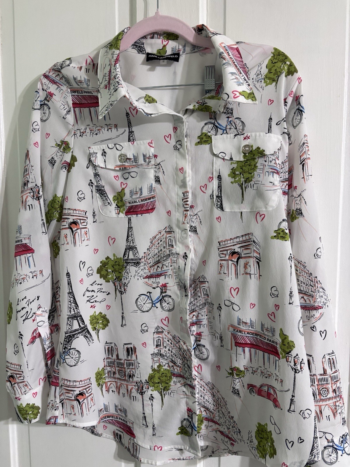 KARL LAGERFELD PARIS Women’s Button-Up Shirt Collared Paris Print White M