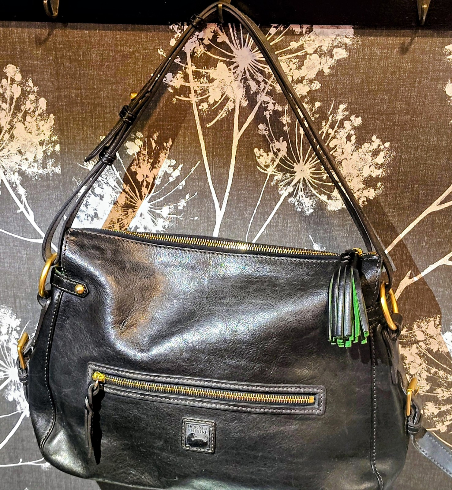 Dooney & Bourke Black Shoulder Bag Zip Gold Hardware Red & Green Lining