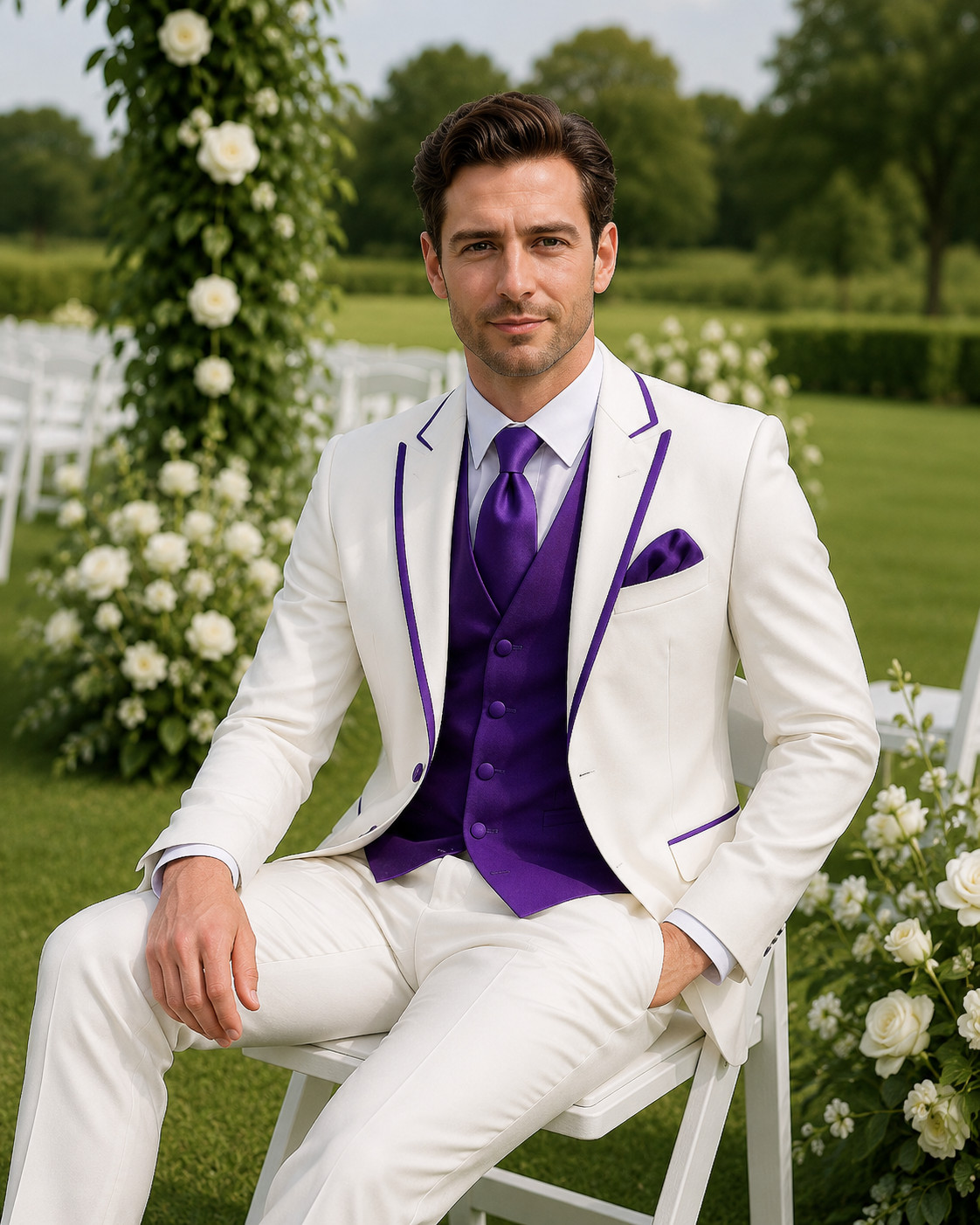 Mens White Purple 3 Piece Suit Blazer Vest Pants Wedding Groom Prom Formal Wear