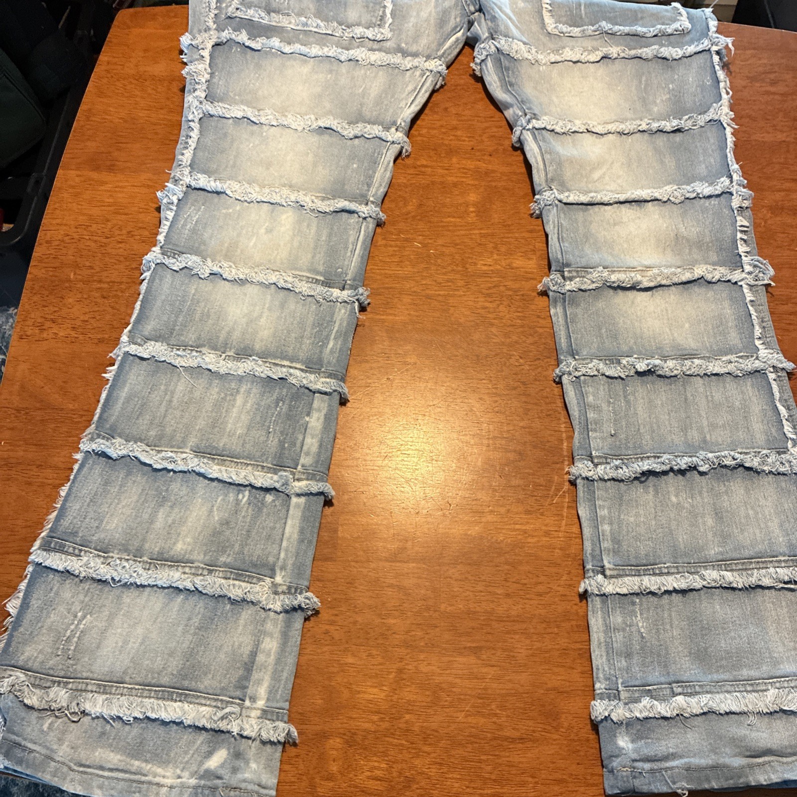 FWRD DENIM Stacked Fit Distressed Light Blue Jeans Fringe Studded Men’s