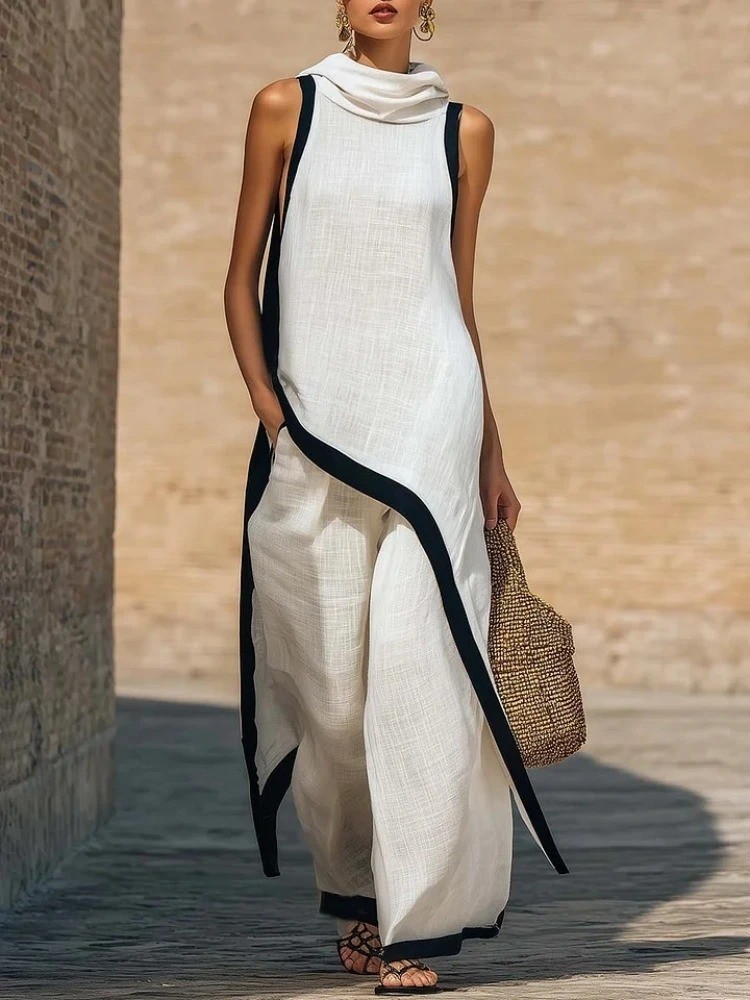 Women’s linen Contrast Color Sleeveless Asymmetrical Top & Loose Wide Leg Pants
