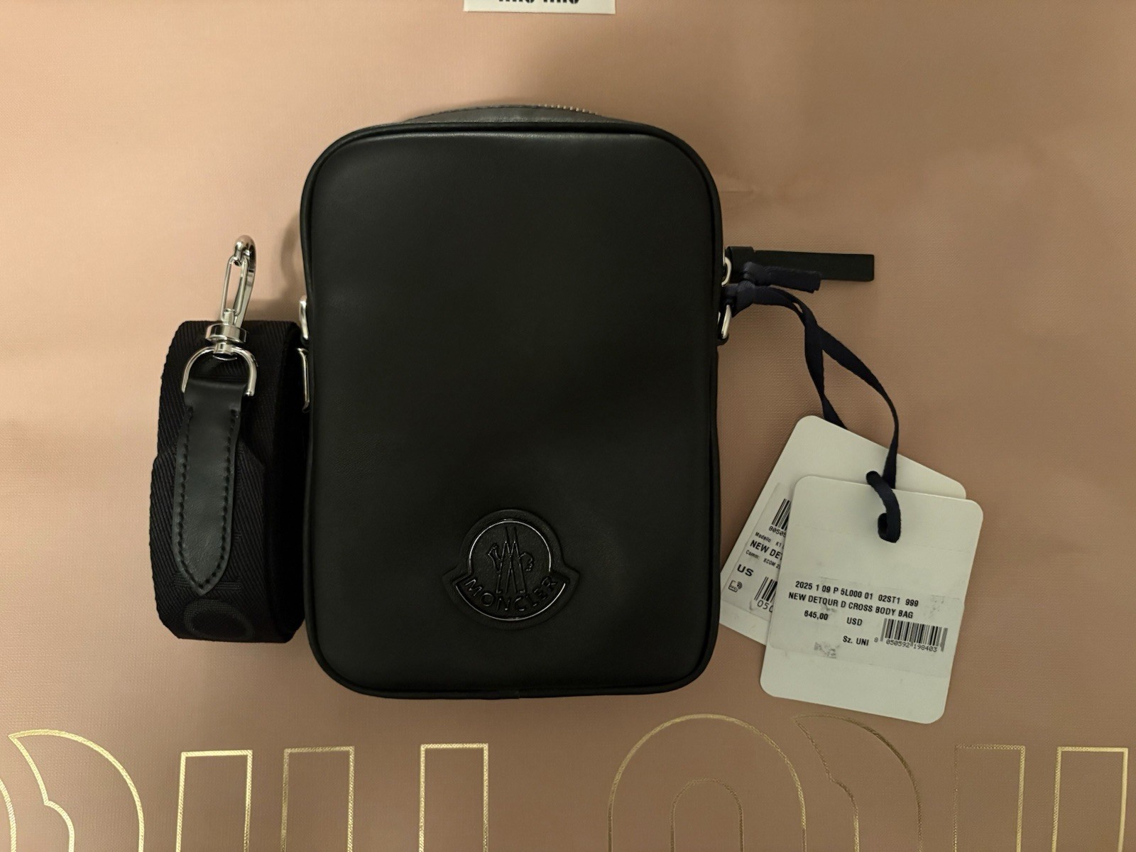 Moncler Crossbody Bag Leather Black Logo Unisex Luxury Designer