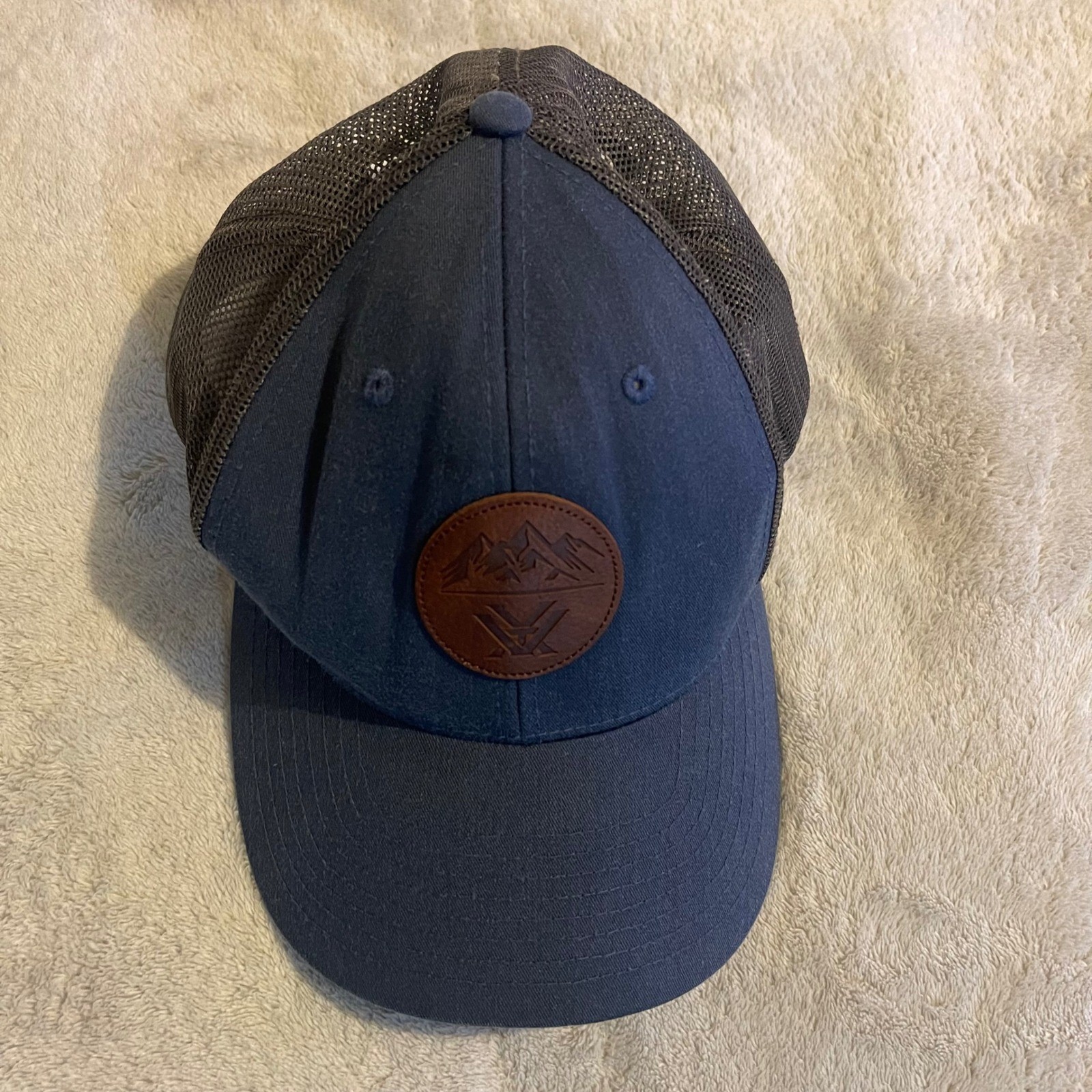 Vortex Outdoor Mesh Trucker Hat Blue Brown Mountains Leather Patch Cap Men