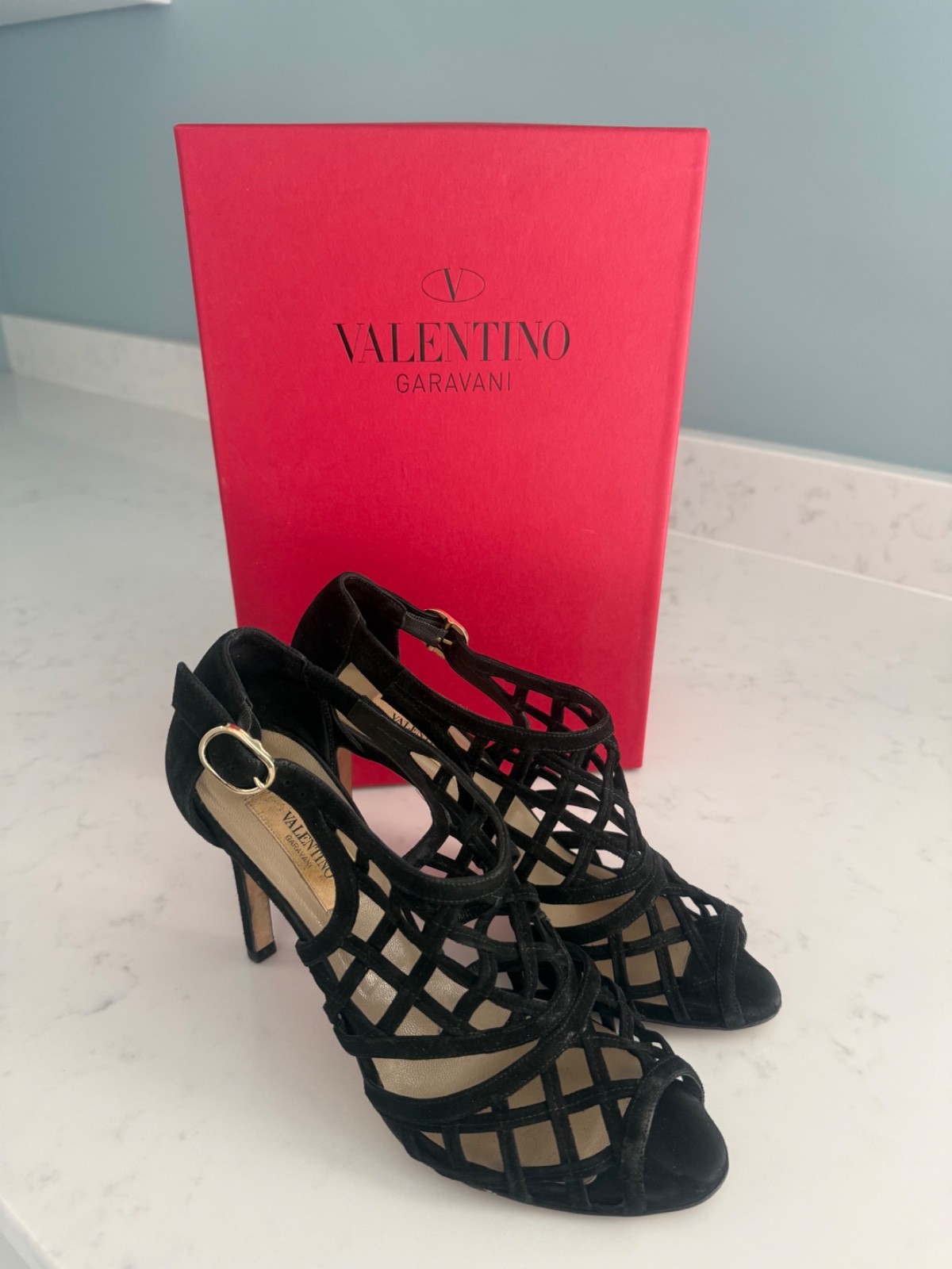 Valentino Garavani Black Suede Caged Lattice Sandals Heels Pump 37.5 Box Luxury