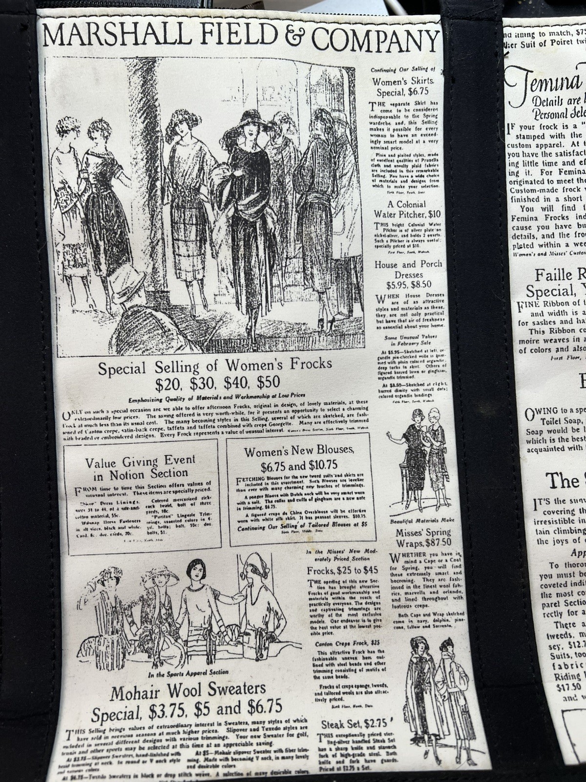 Vintage Marshall Field’s Tote Bag Chicago Dept Store Newspaper Print Zip Rare