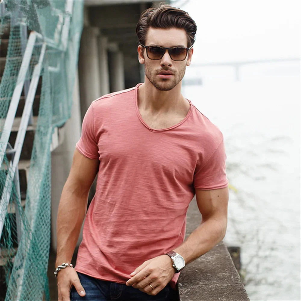 Men’s 100% Cotton V-Neck Slim Fit Solid Color Short Sleeve T-Shirt