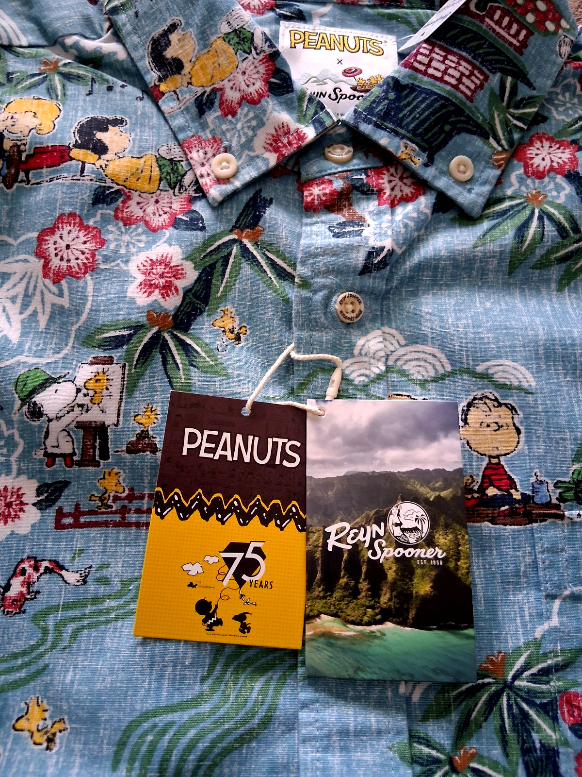 Reyn Spooner Men’s ” PEANUTS IN JAPAN” NWT TAILORED FIT Aqua Button Front Sizes