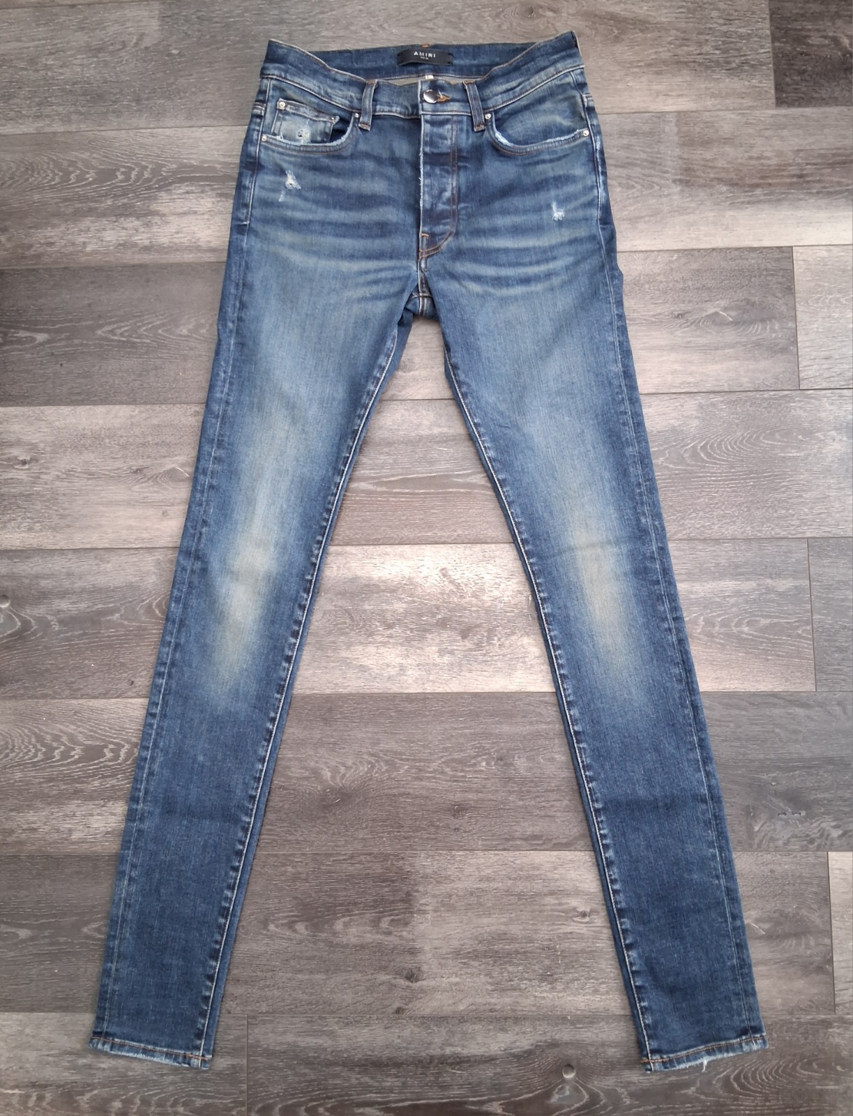 Amiri MX1 Shotgun Distressed Skinny Fit Jeans Button Fly Medium Blue Size 30×34