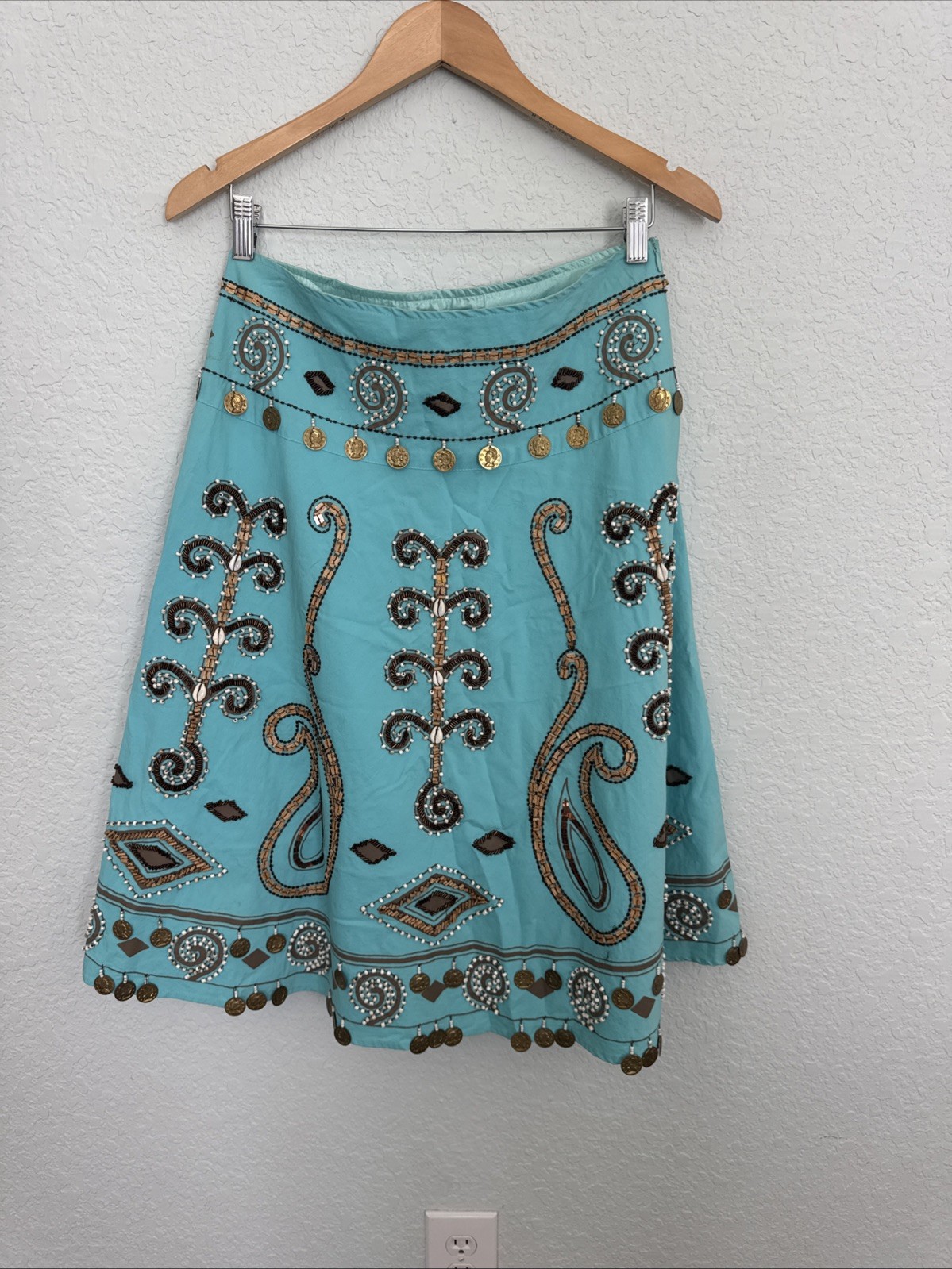 Turquoise Basil &Maude Skirt Beaded Embroidery With Hanging Coin Embellishing