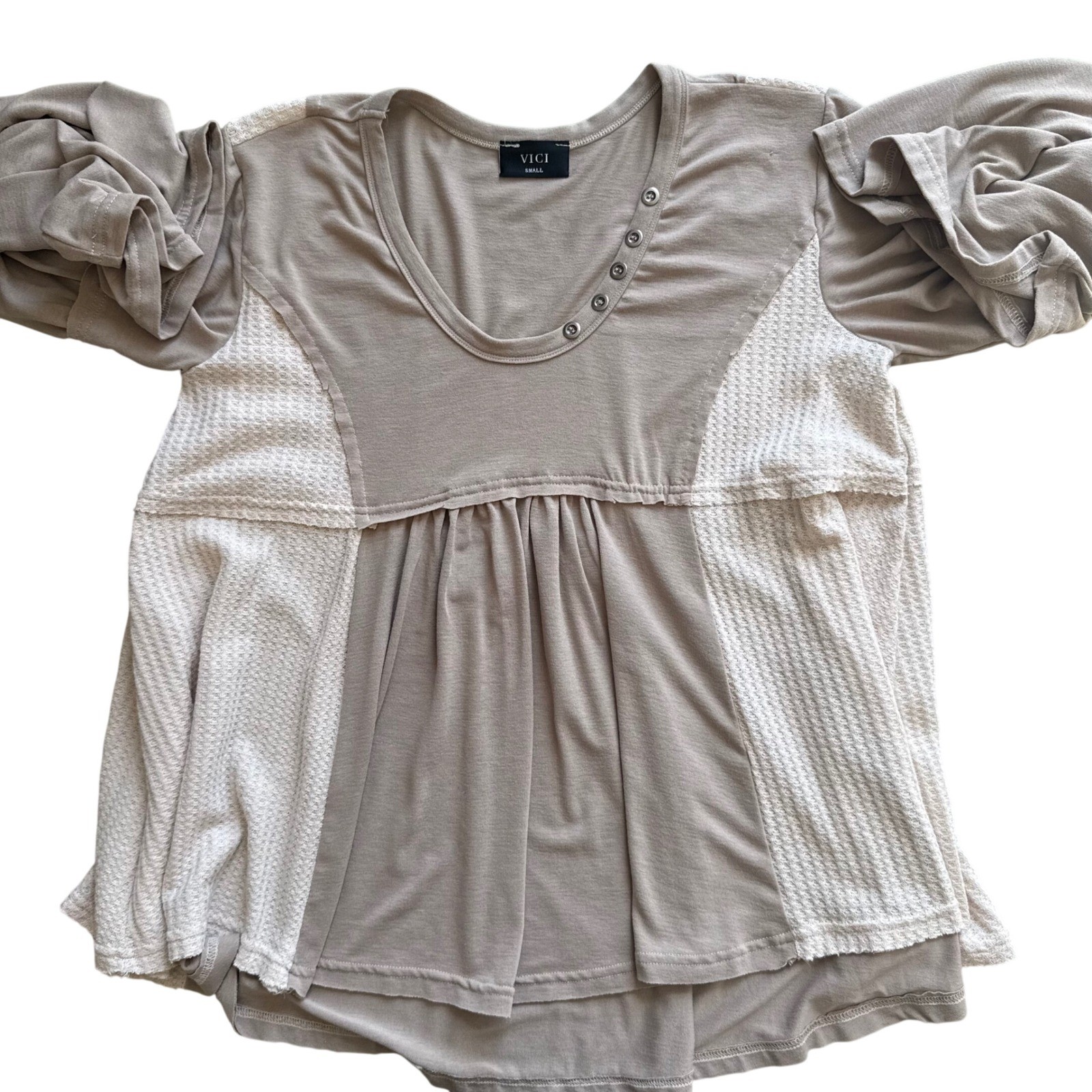 VICI Womens Small Taupe Waffle Knit Babydoll Bell Sleeve Top Boho Peasant Fairy