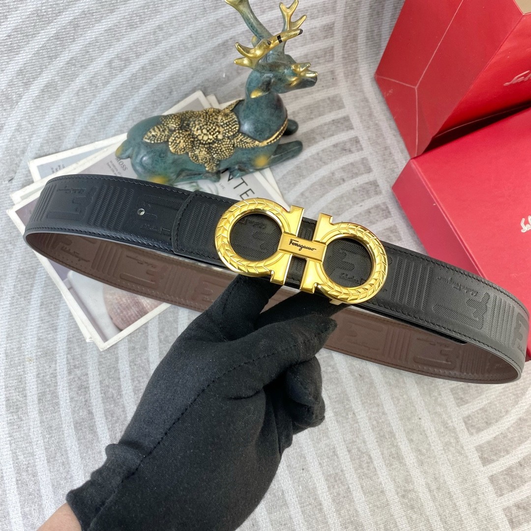 Ferragamo Handcrafted Leather Belt Reversible width 3.8cm/1.5inch Gold Buckle