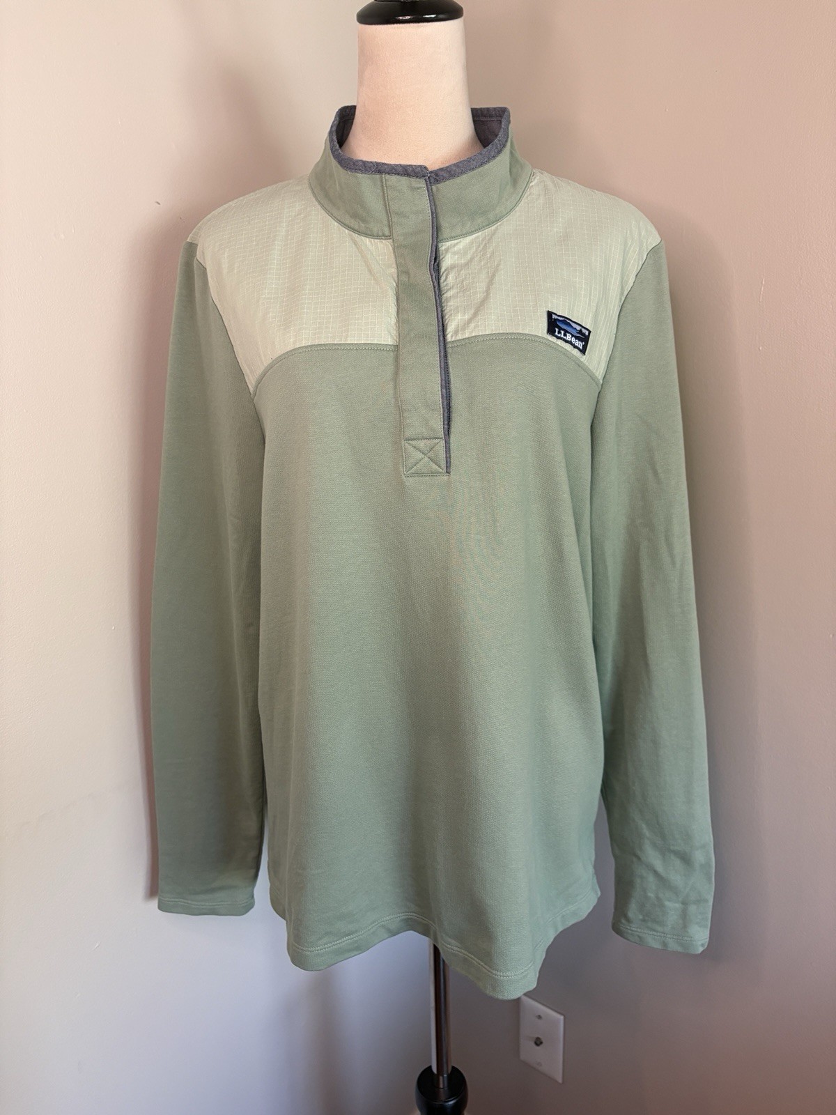 LL Bean Green Sweatshirt Top Pullover 1/4 Mock Neck Mixed Media Size XL