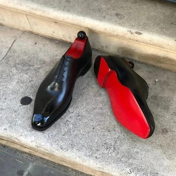 Customise Handmade Pure Black Calf Leather Red Sole Shoes, Oxford Whole Cut Shoe