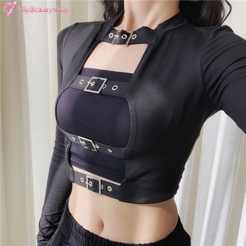 Women Gothic Long Sleeve Hollow Out Clubwear Clothes Choker Buckle Punk Crop Top