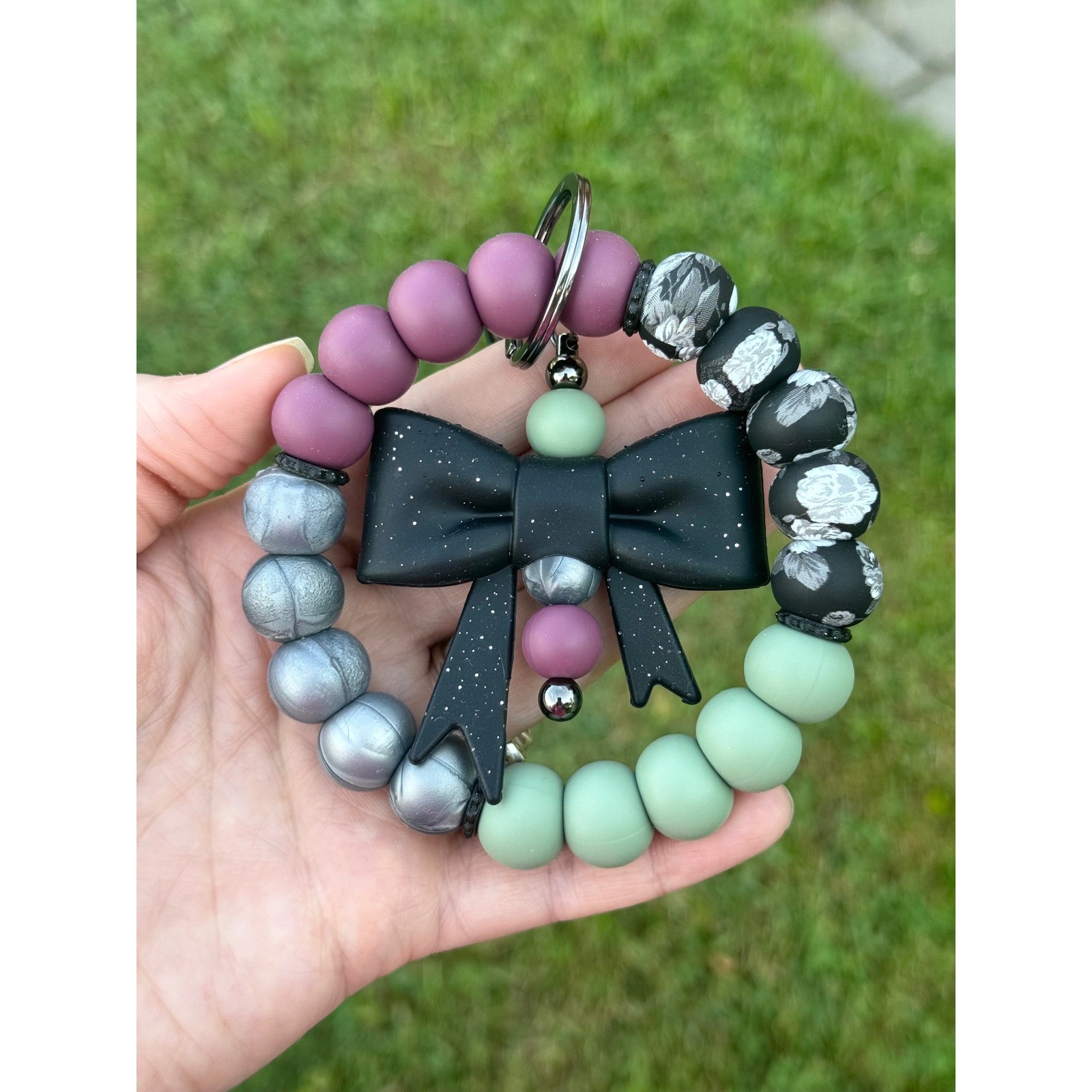 Silicone Bead Wristlet Keychain with Black Bow Charm Dark Academia Floral