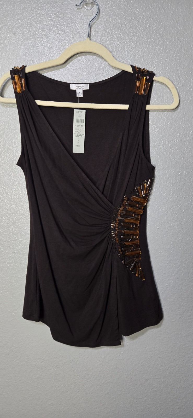 Cache Brown Asymmetric beaded Woman’s Top NWT Y2K size M