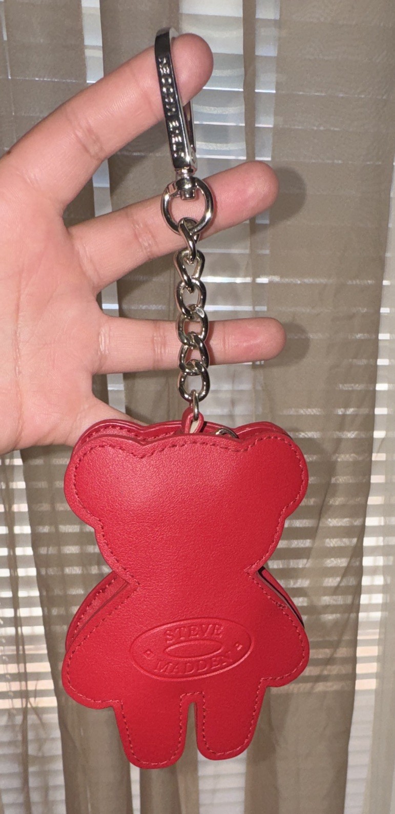 Red Bear Zippered Faux Leather Key Chain w/ Silver Metal Detachable Clip
