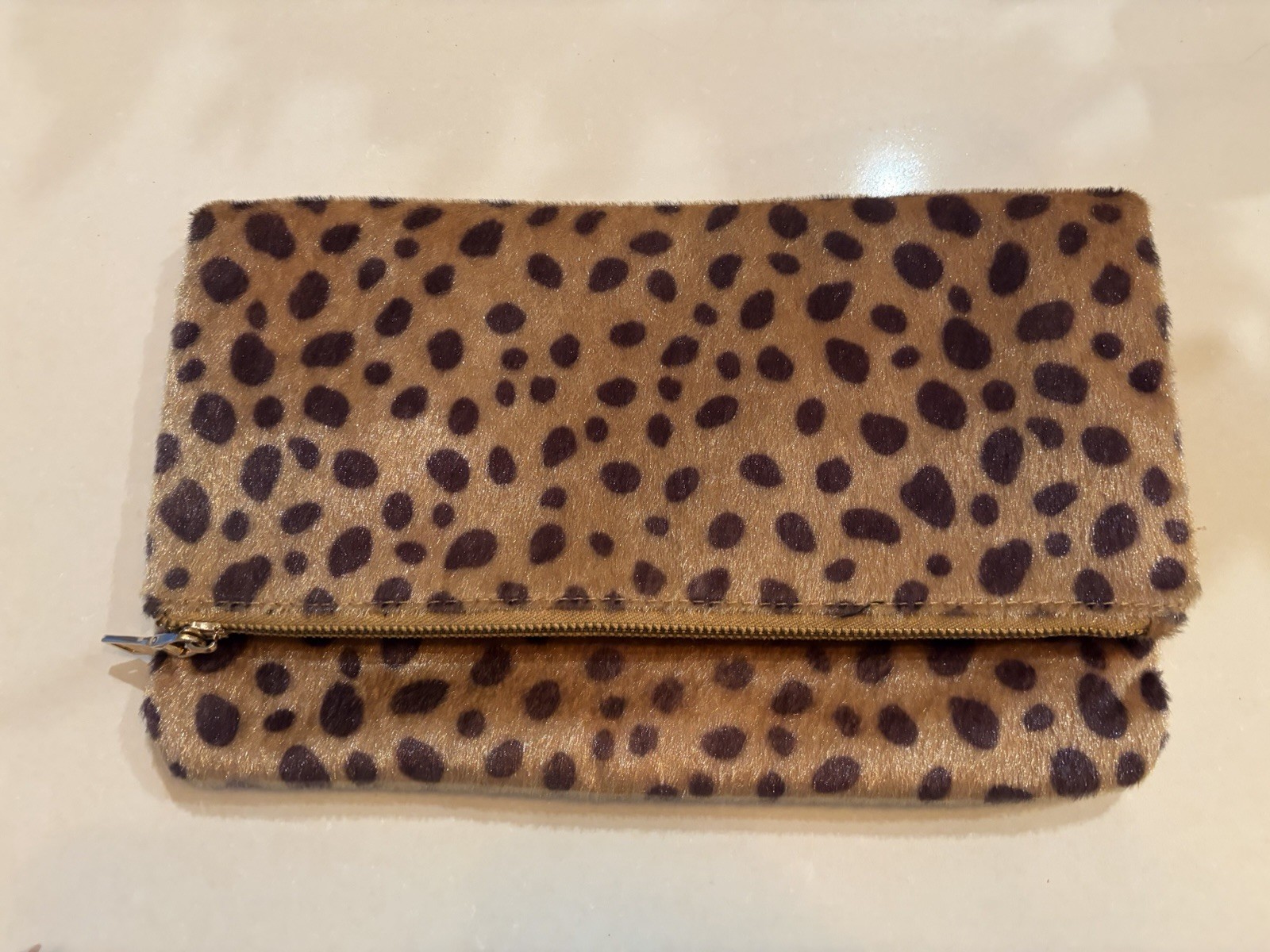 Women’s Small Tan Black Animal Print Clutch Gold Chain Strap Zip Lined