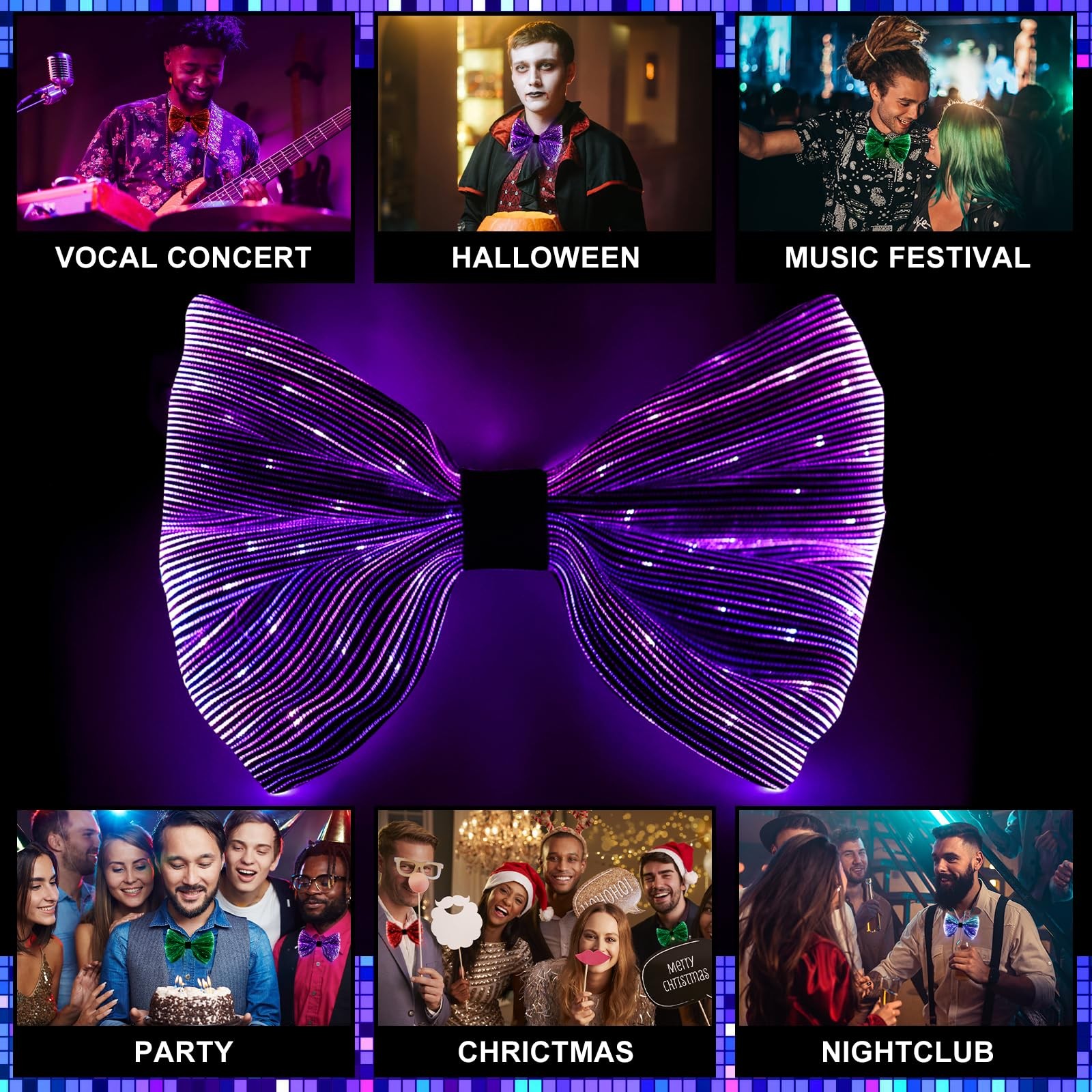 light up bow tie Rechargeable Fiber Optic Bowtie 7 Colors & 5 Modes – Disco,