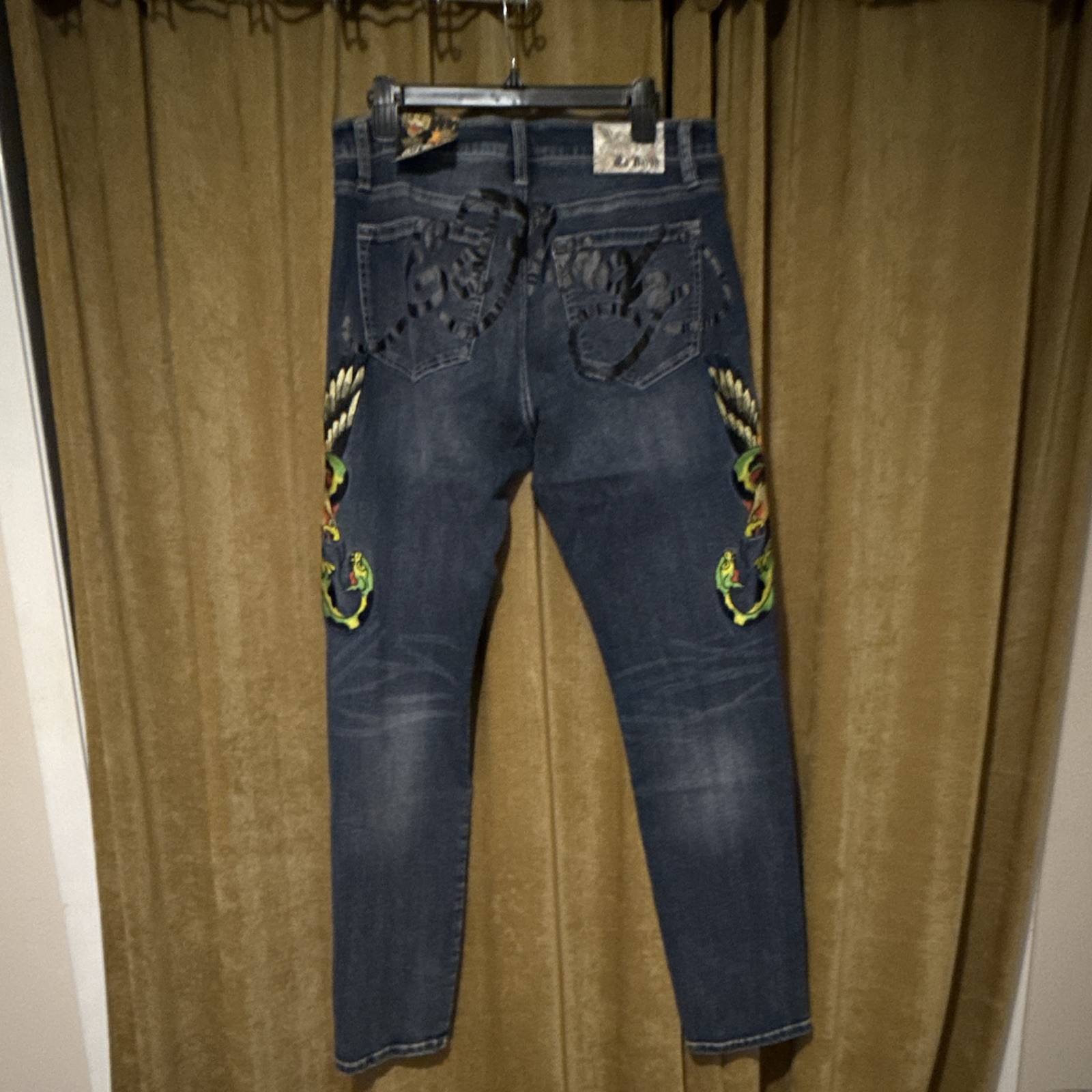 NWT Y2K Hardy Men Slim Straight Dark Wash Denim Jean Embroidered Winged Snake 32