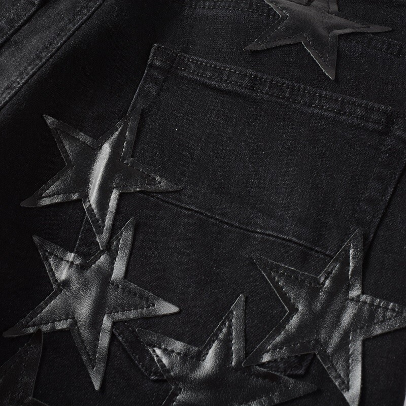 Men’s Ripped STAR PU Patchwork Grunge Skinny fit stretch Denim Washed jeans